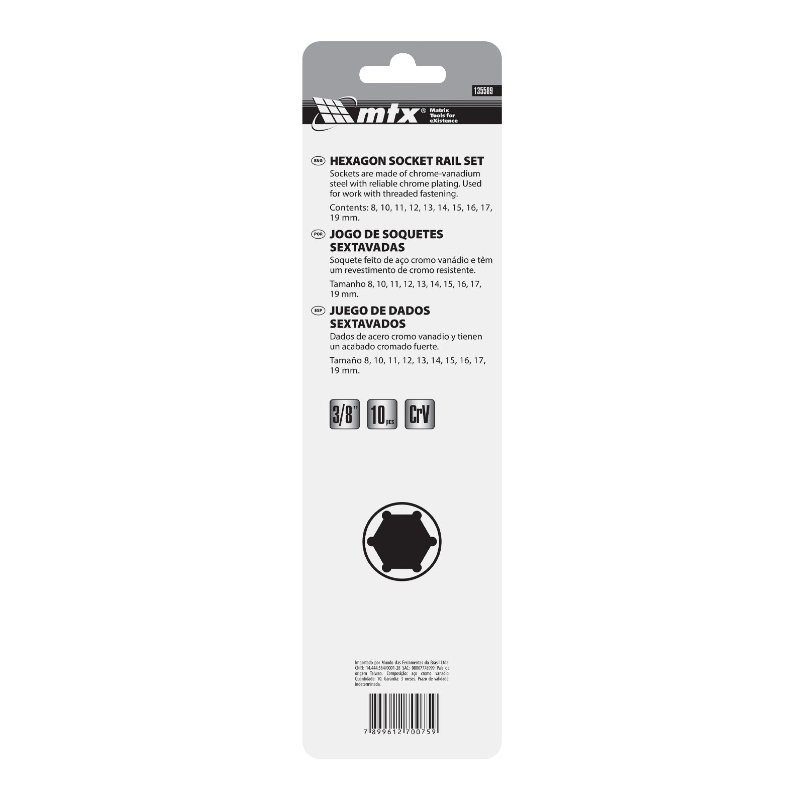 К-т вложки,  3/8",  6-стенни, 10 бр., 8-19 мм MTX