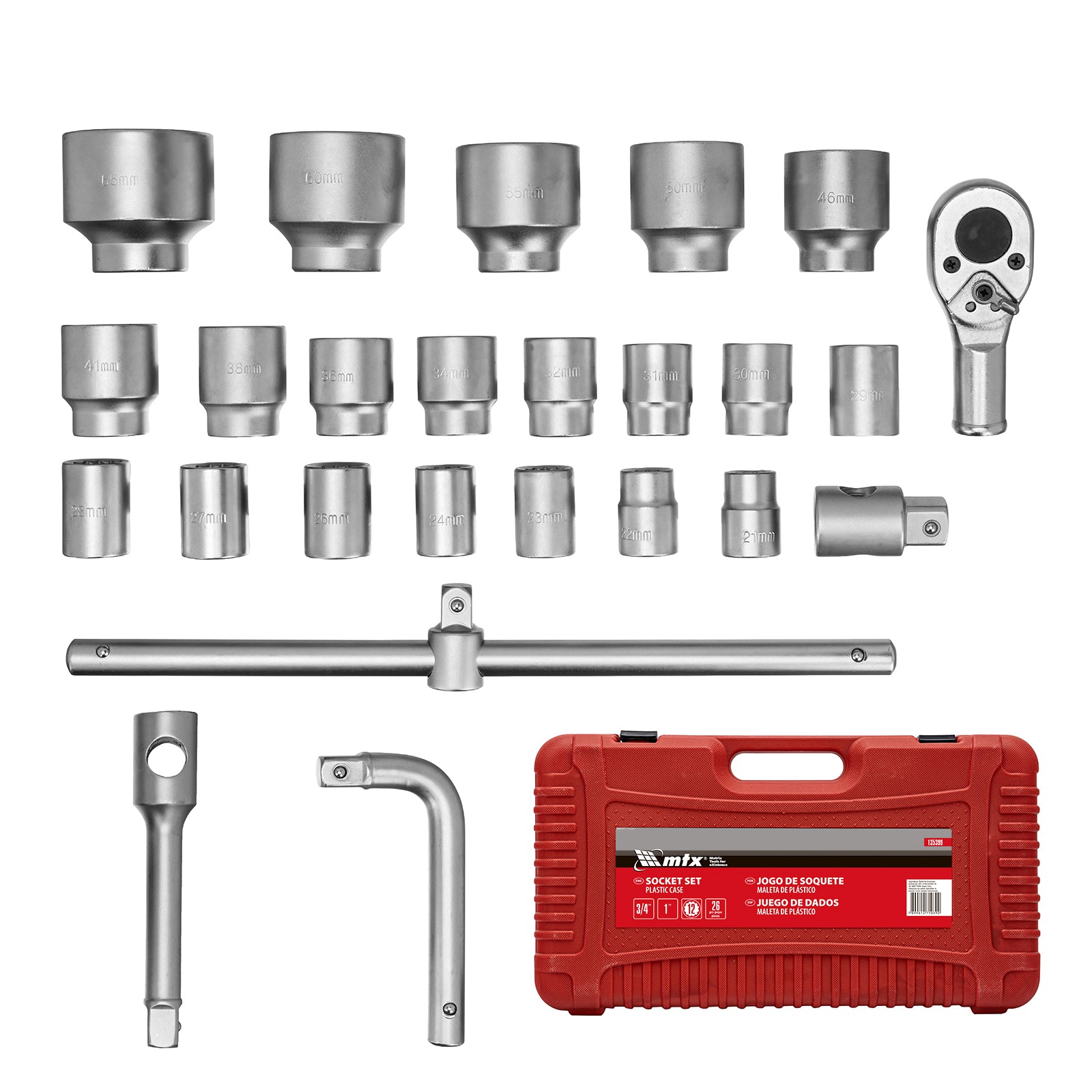 К-т инструменти,  26 части, 3/4"-1", 21-65 мм, пластмасов куфар MTX