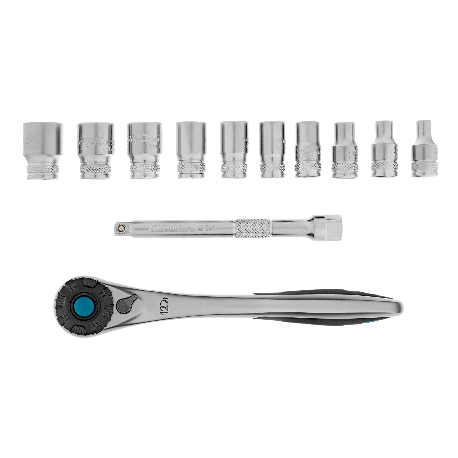 Вложки комплект, 12 бр., 1/4", CrV, с тресчотка 120 зъба GROSS