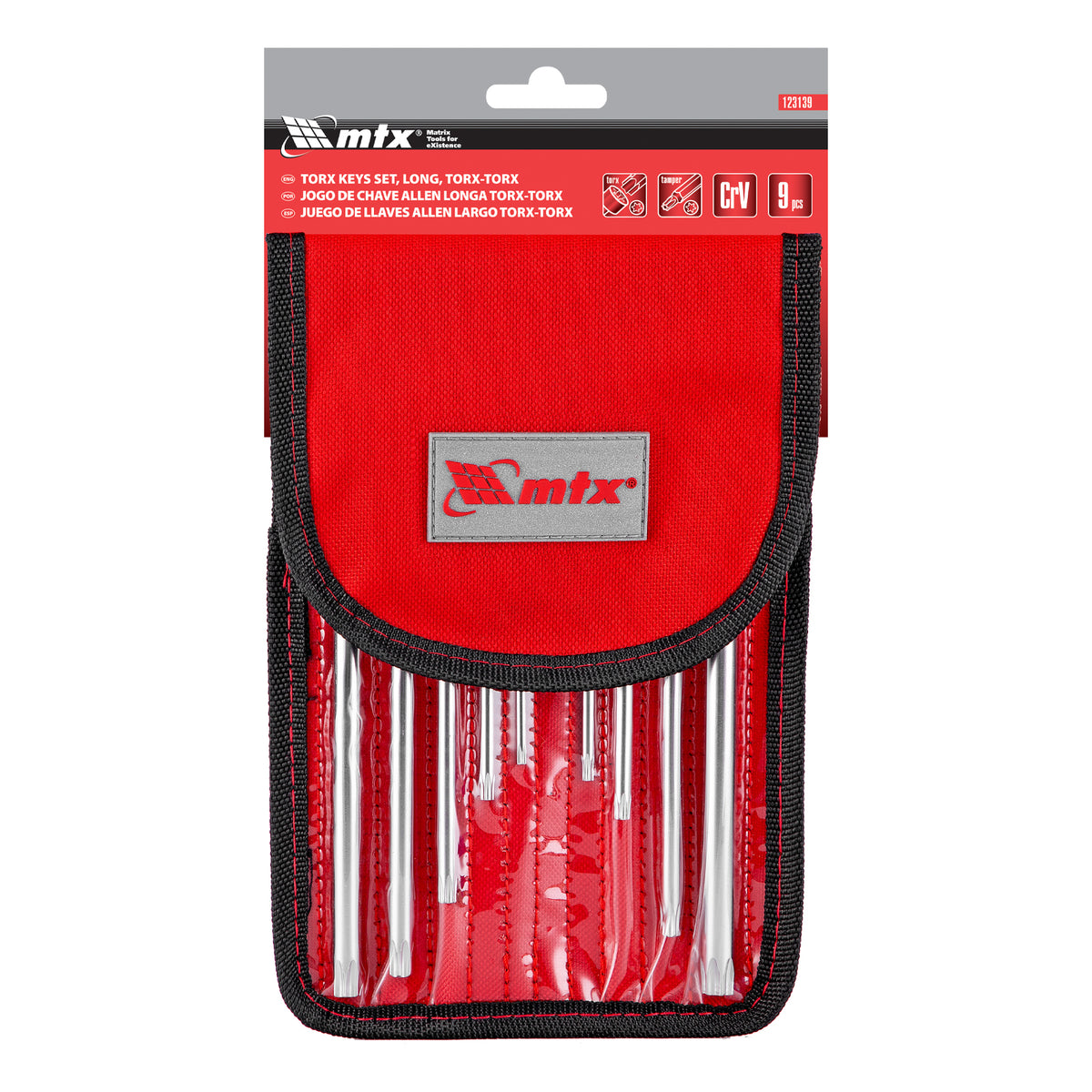 К-т ключове имбусни TORX-TORX Tamper, 9 бр.:T10-T50, CrV, удължени, матирани, в калъф MTX