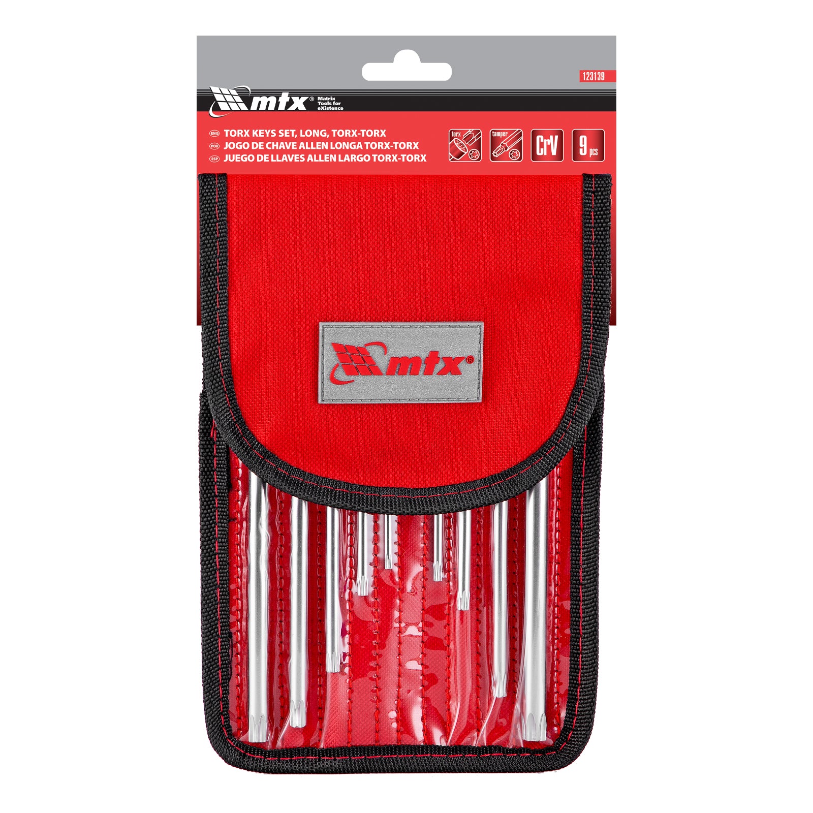 К-т ключове имбусни TORX-TORX Tamper, 9 бр.:T10-T50, CrV, удължени, матирани, в калъф MTX