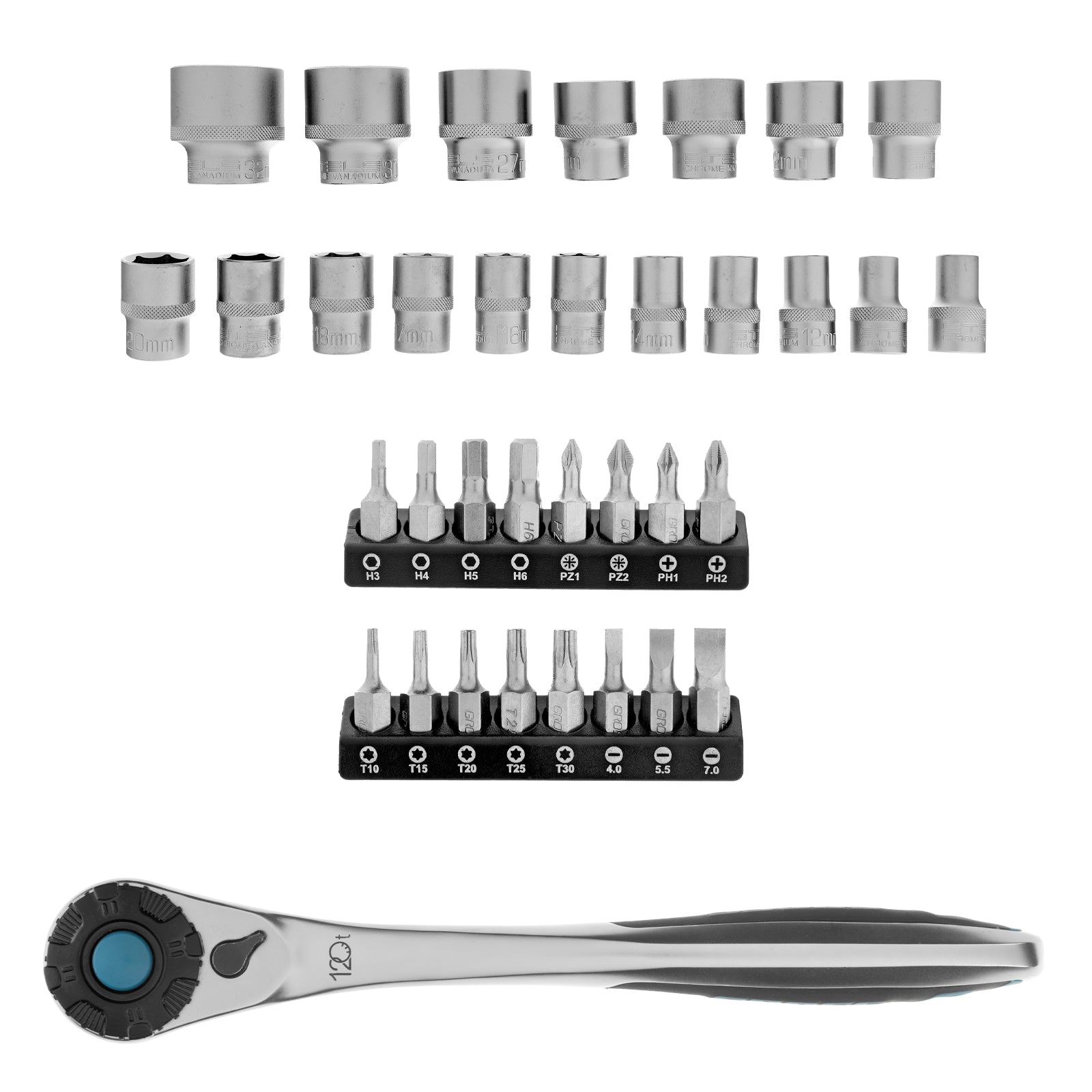 Вложки комплект, 36 бр, 1/2",3/8", CrV, с тресчотка 120 зъба Gross