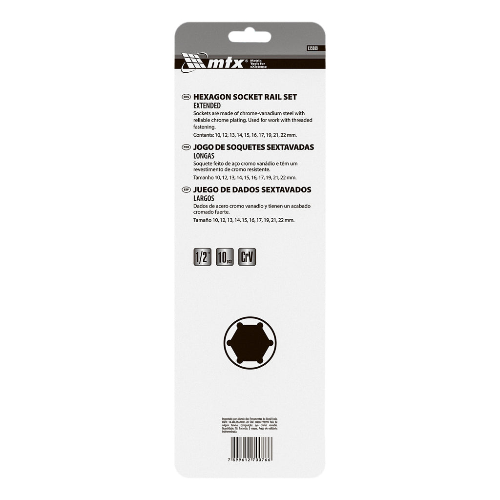 К-т вложки удължени,  1/2", 6-стенни, 10 бр., CrV, 10-22 мм MTX