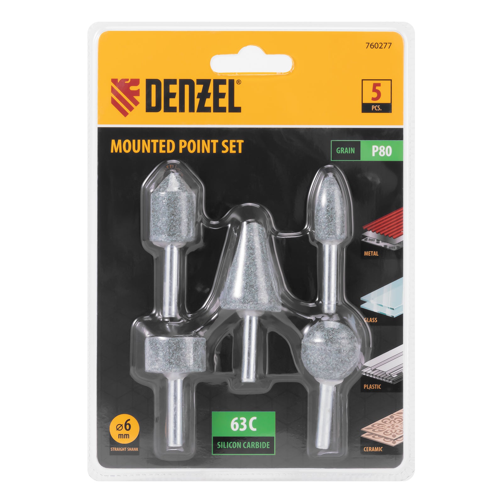 Комплект борчета абразивни, опашка 6 mm, 63C,  5 бр. Denzel
