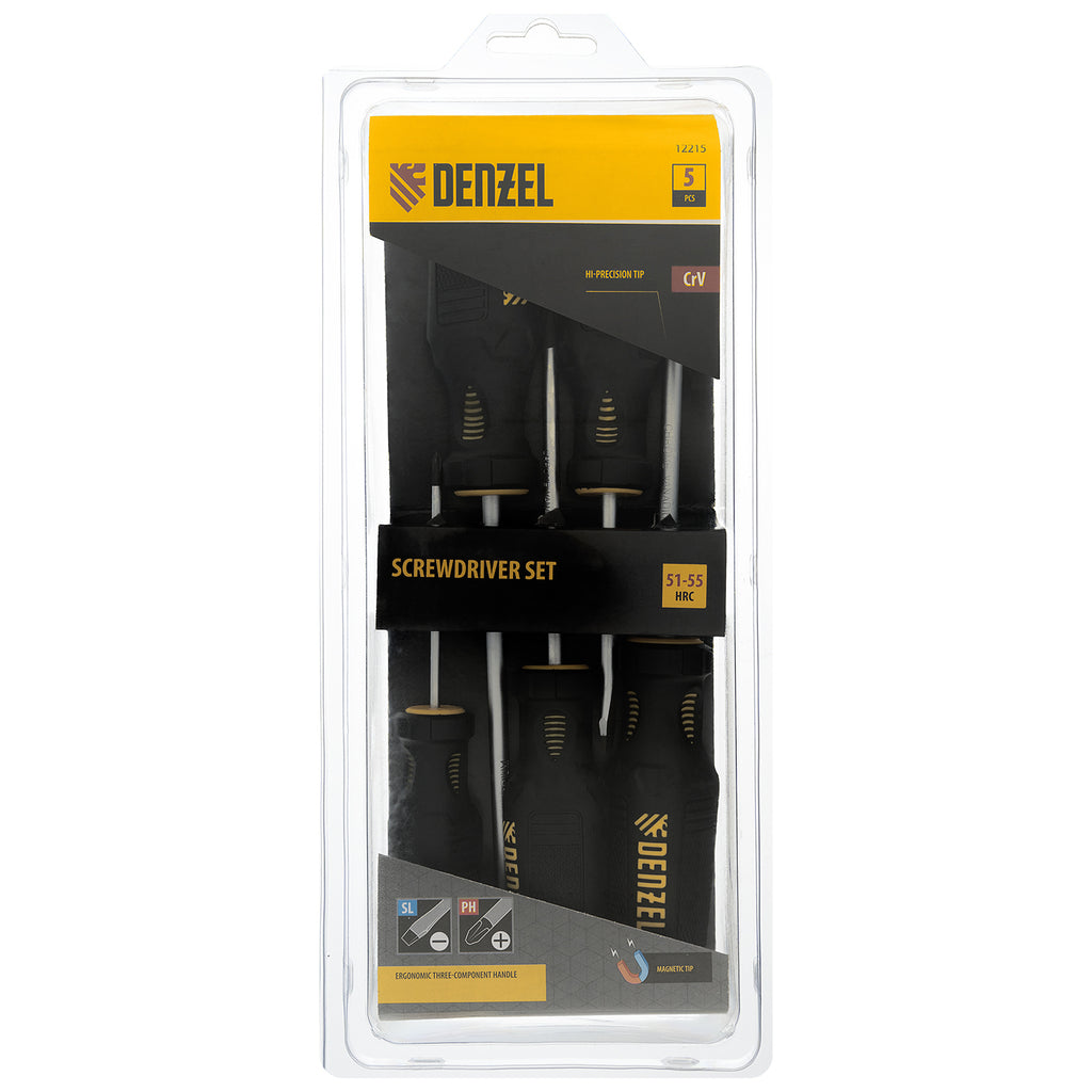 Комплект отвертки, 5 бр., PH+SL, S2, трикомпонентна дръжка DENZEL