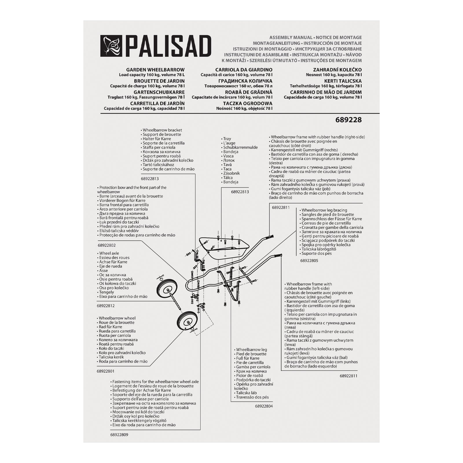 Количка градинска, товароподемност 170 кг, обем 78 л, 2 колела PALISAD