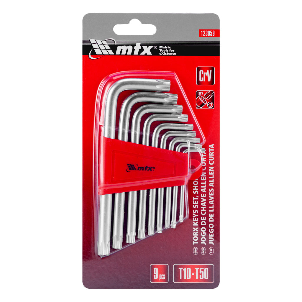 К-т ключове имбусни TORX, 9 бр.: T10-T50, CrV, къси, матирани MTX