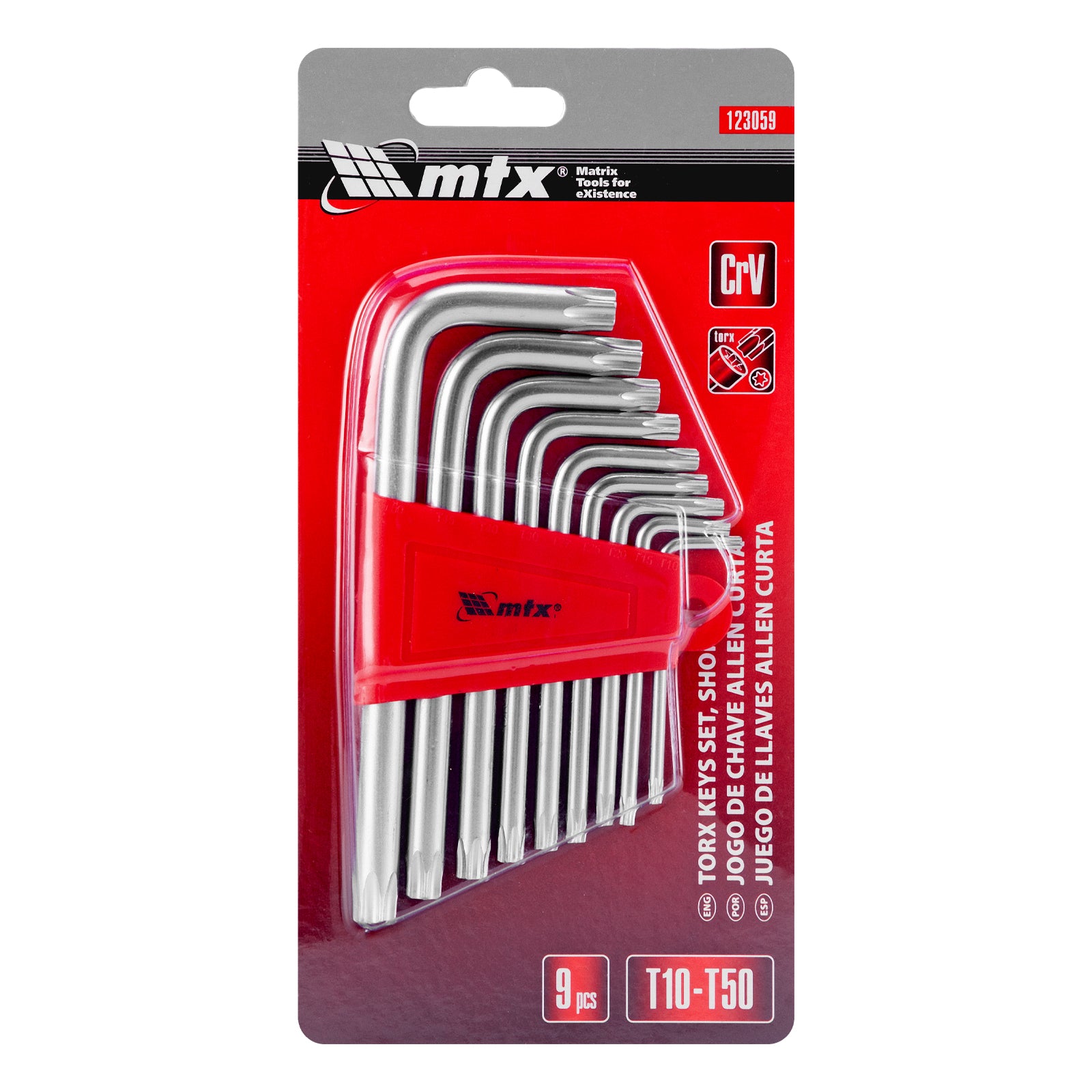 К-т ключове имбусни TORX, 9 бр.: T10-T50, CrV, къси, матирани MTX