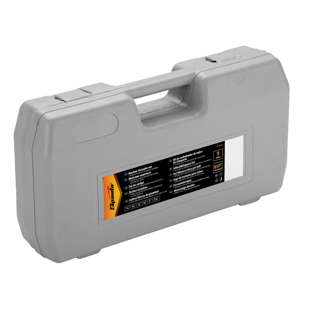 К-т за нарязване на резби, глави 1/4"-3/8"-1/2"-3/4"-1"-1 1/4", тресчотка, 9 части SPARTA