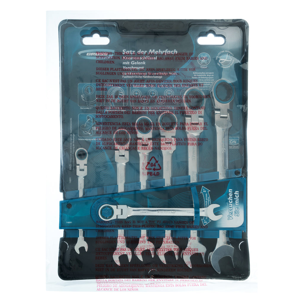 К-т ключове звездогаечни с тресчотка, 8-19 mm, 7 бр., шарнирни Gross