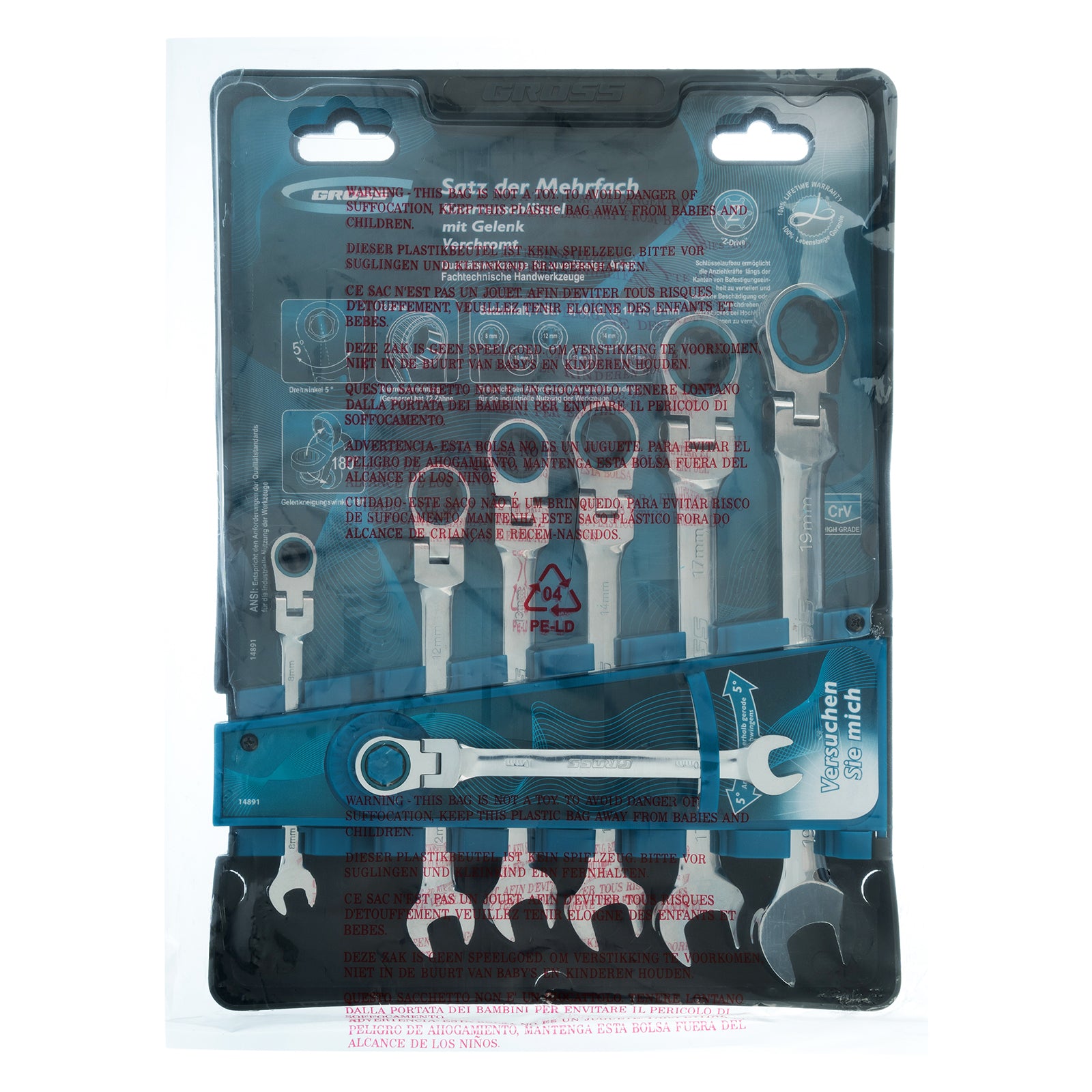 К-т ключове звездогаечни с тресчотка, 8-19 mm, 7 бр., шарнирни Gross
