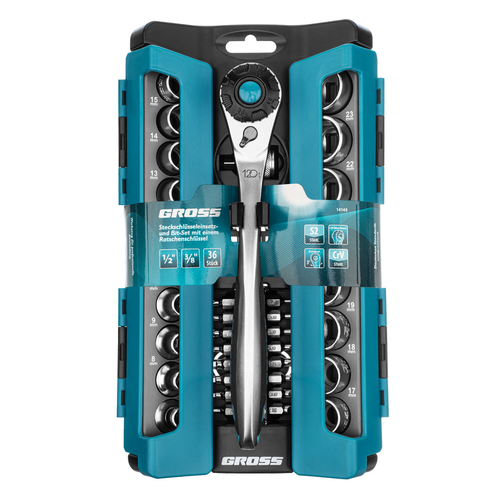 Вложки комплект, 36 бр, 1/2",3/8", CrV, с тресчотка 120 зъба Gross