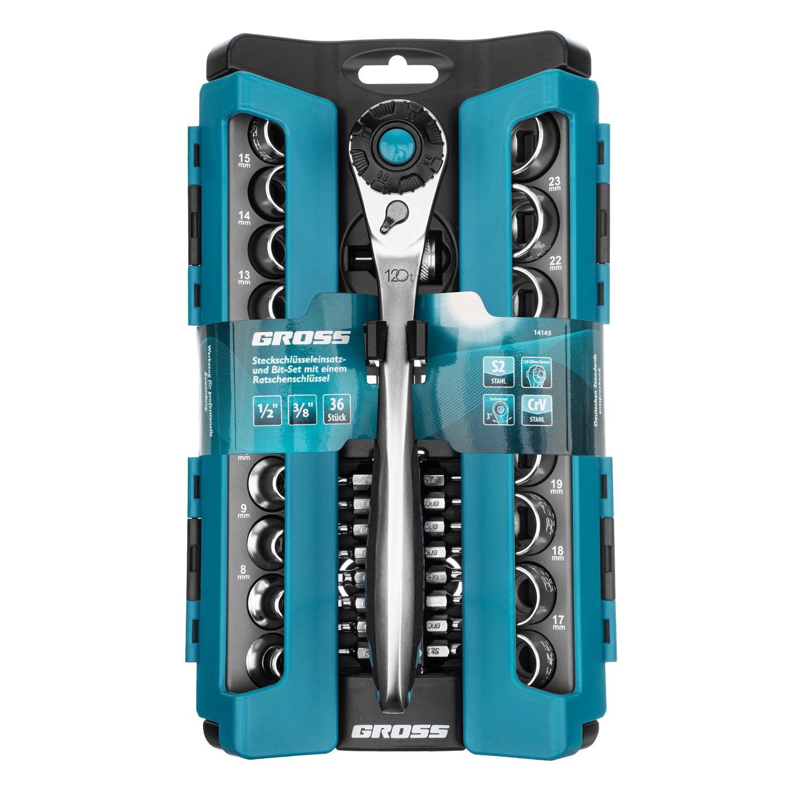 Вложки комплект, 36 бр, 1/2",3/8", CrV, с тресчотка 120 зъба Gross