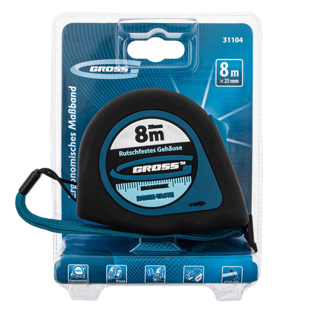 Ролетка Ergonomisch,  8 м х 25 мм, магнитен гумиран накрайник GROSS