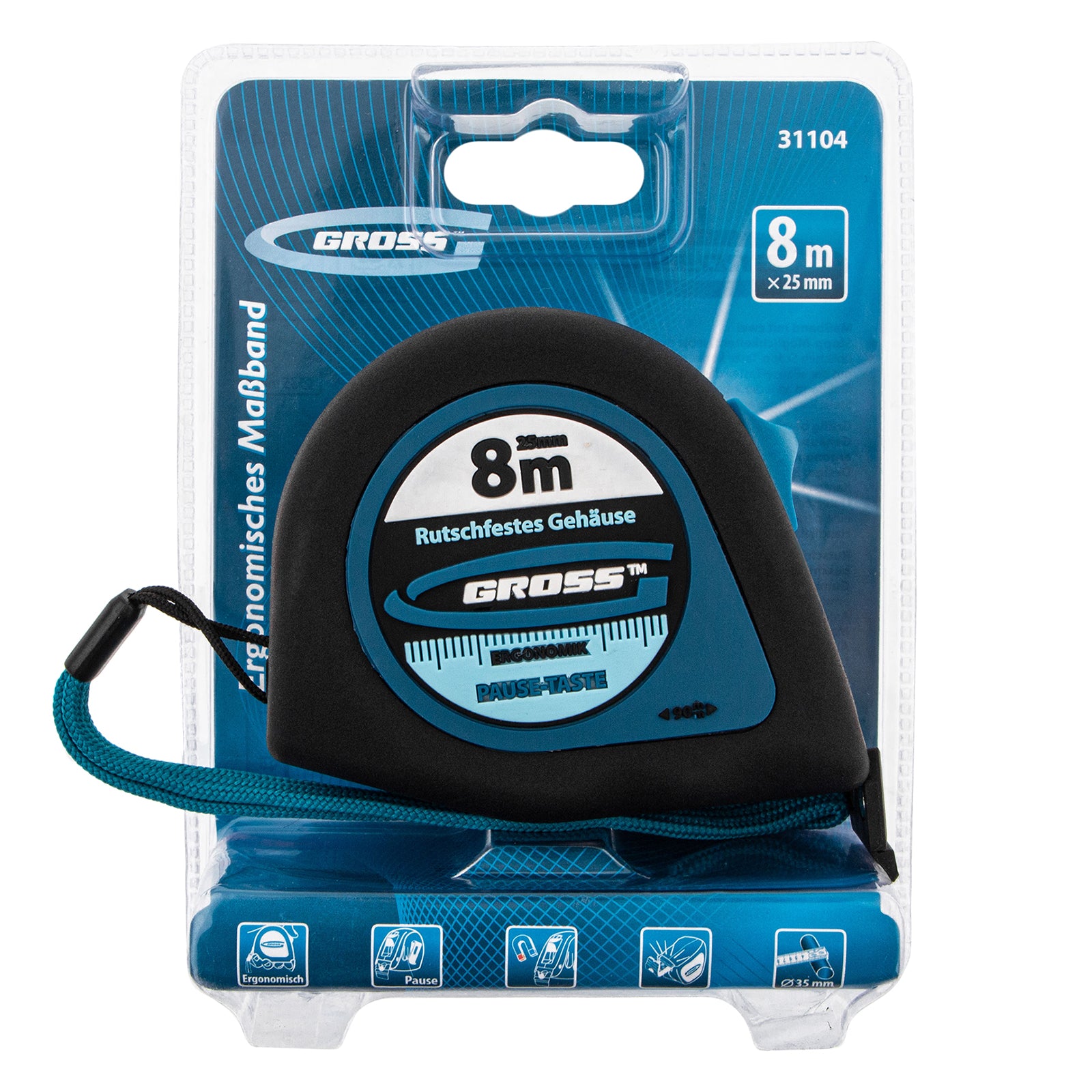 Ролетка Ergonomisch,  8 м х 25 мм, магнитен гумиран накрайник GROSS
