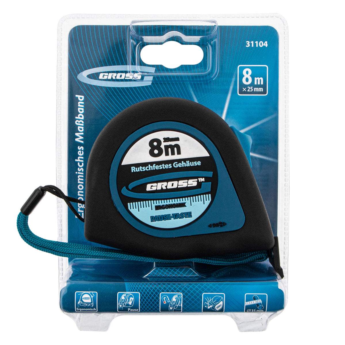 Ролетка Ergonomisch,  8 м х 25 мм, магнитен гумиран накрайник GROSS