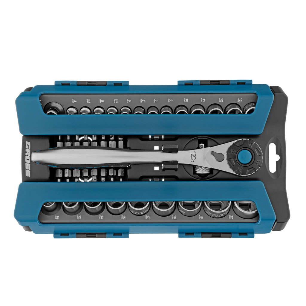 Вложки комплект, 41 бр., 1/2", 1/4", CrV, с тресчотка 120 зъба GROSS