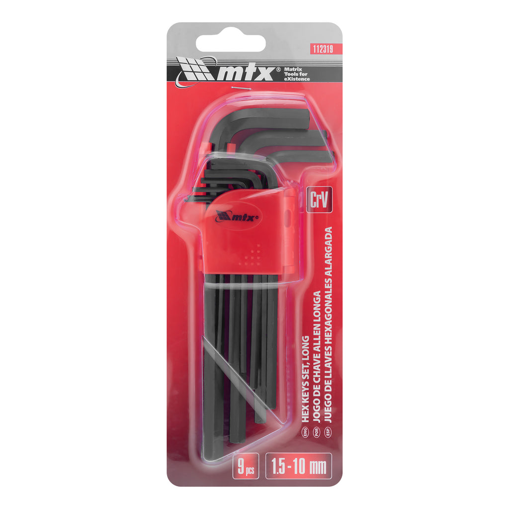 Комплект шестограми HEX 1,5–10 mm, CrV, 9 бр., оксидирани, удължени MTX