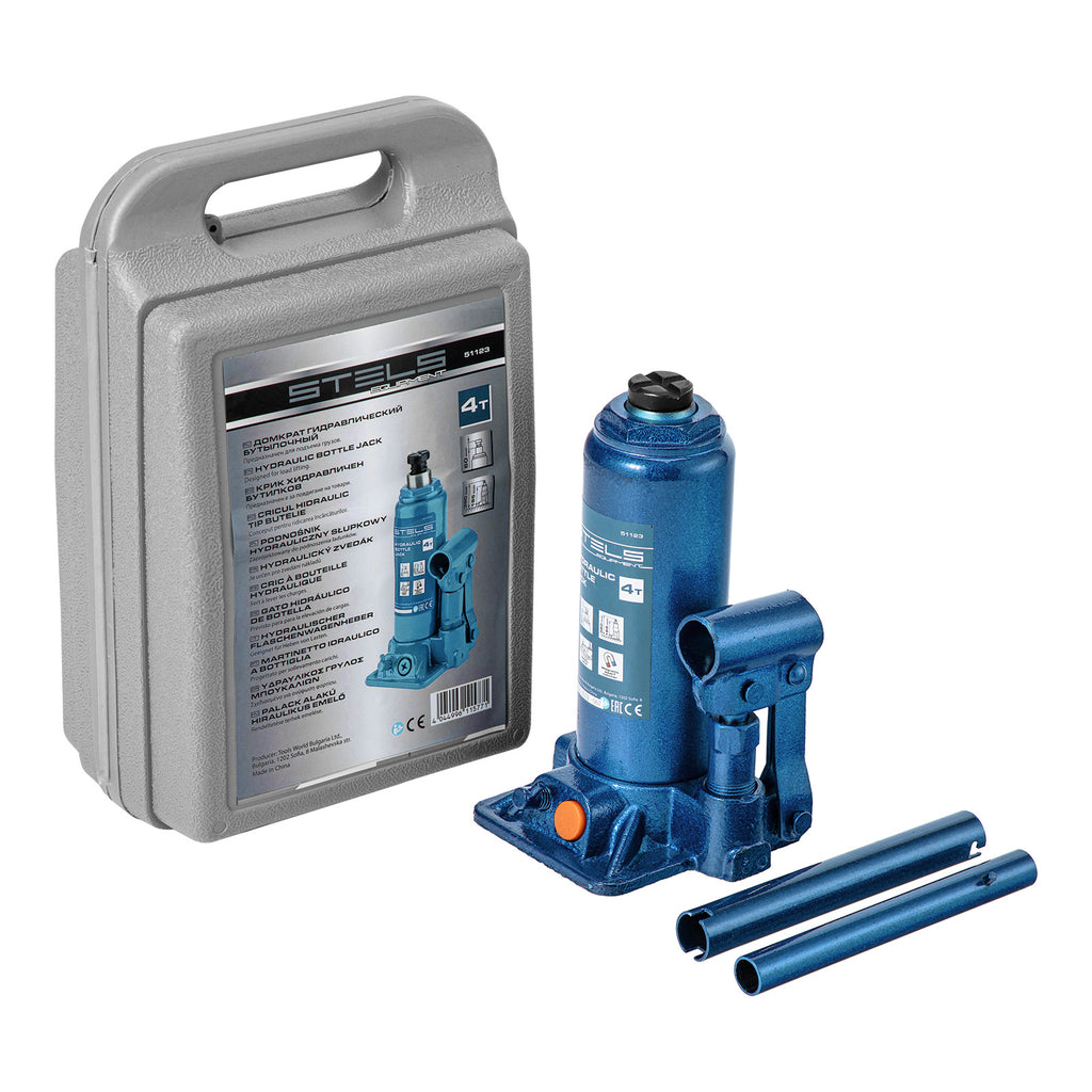 Крик хидравличен, тип "бутилка", 4 т, 194-372 мм, в пластмасов куфар Stels