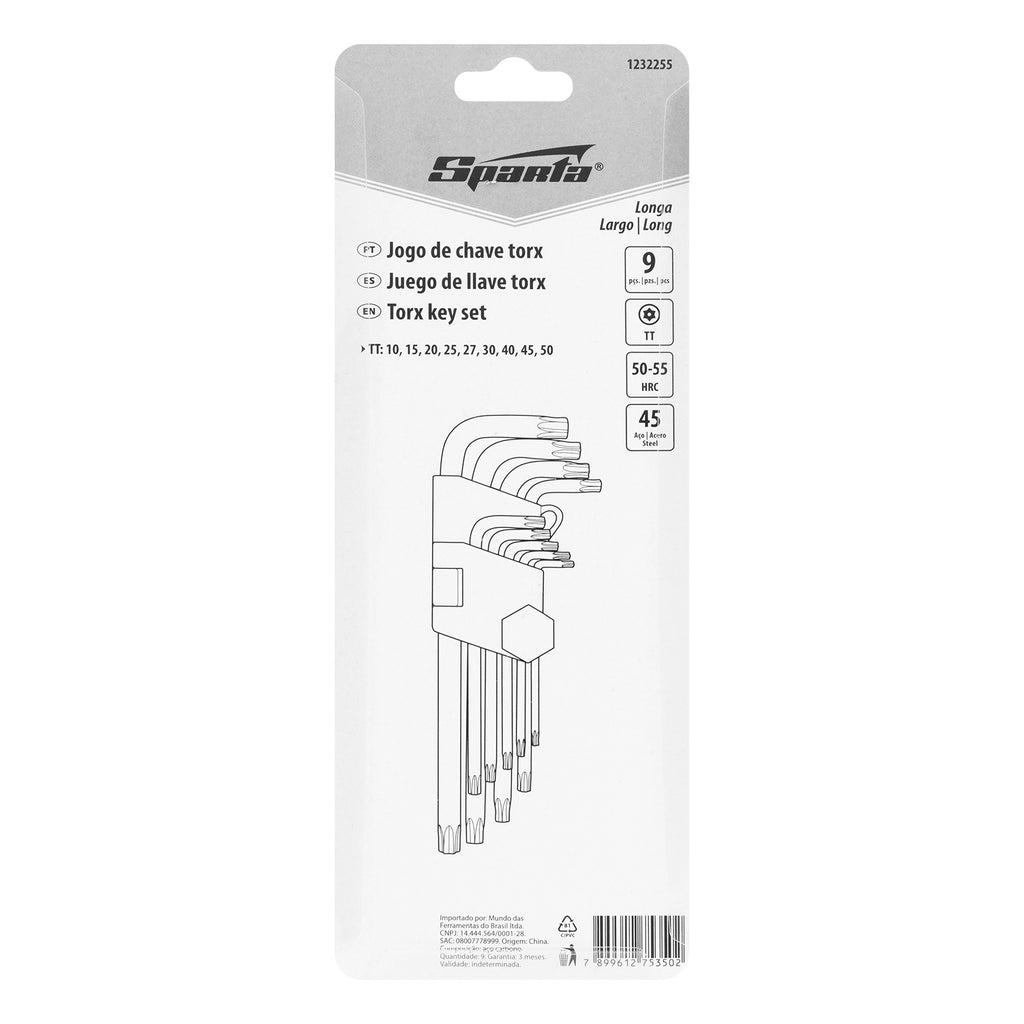 К-т ключове имбусни Tamper-Torx, 9 бр., TT10-TT50, 45x, закален, дълги, никелирани SPARTA