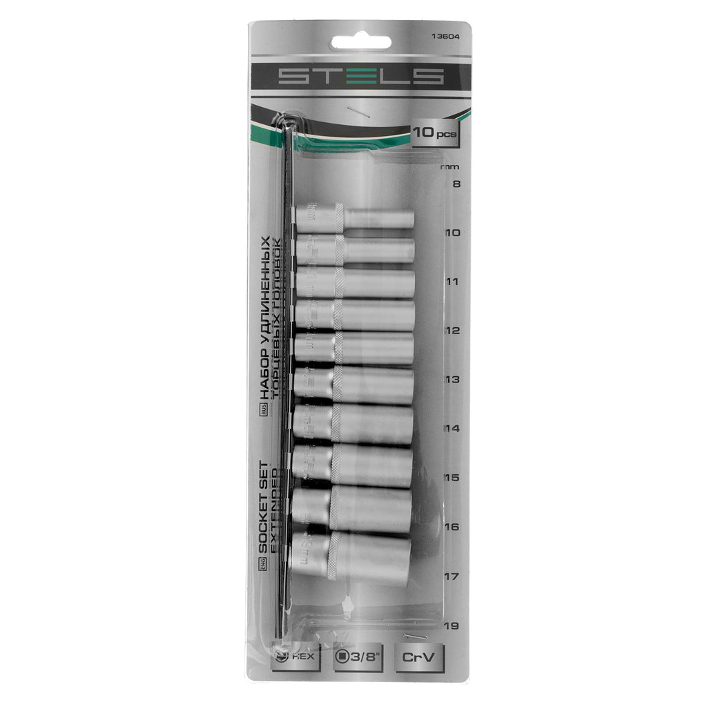 К-т удължени вложки 3/8", 6-стенни, CrV, 10бр., 8-19мм  STELS
