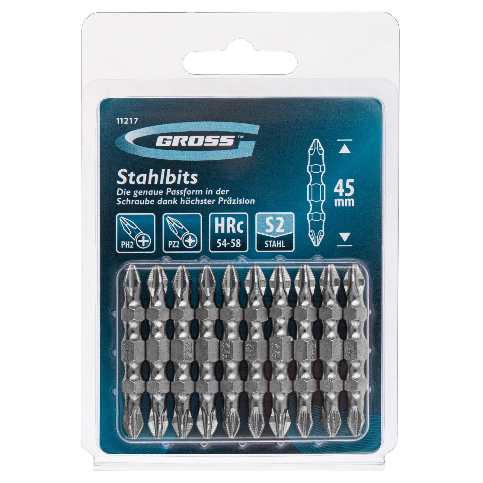 К-т битове двустранни, PH2-Pz2х45мм, стомана S2, 10бр. Gross