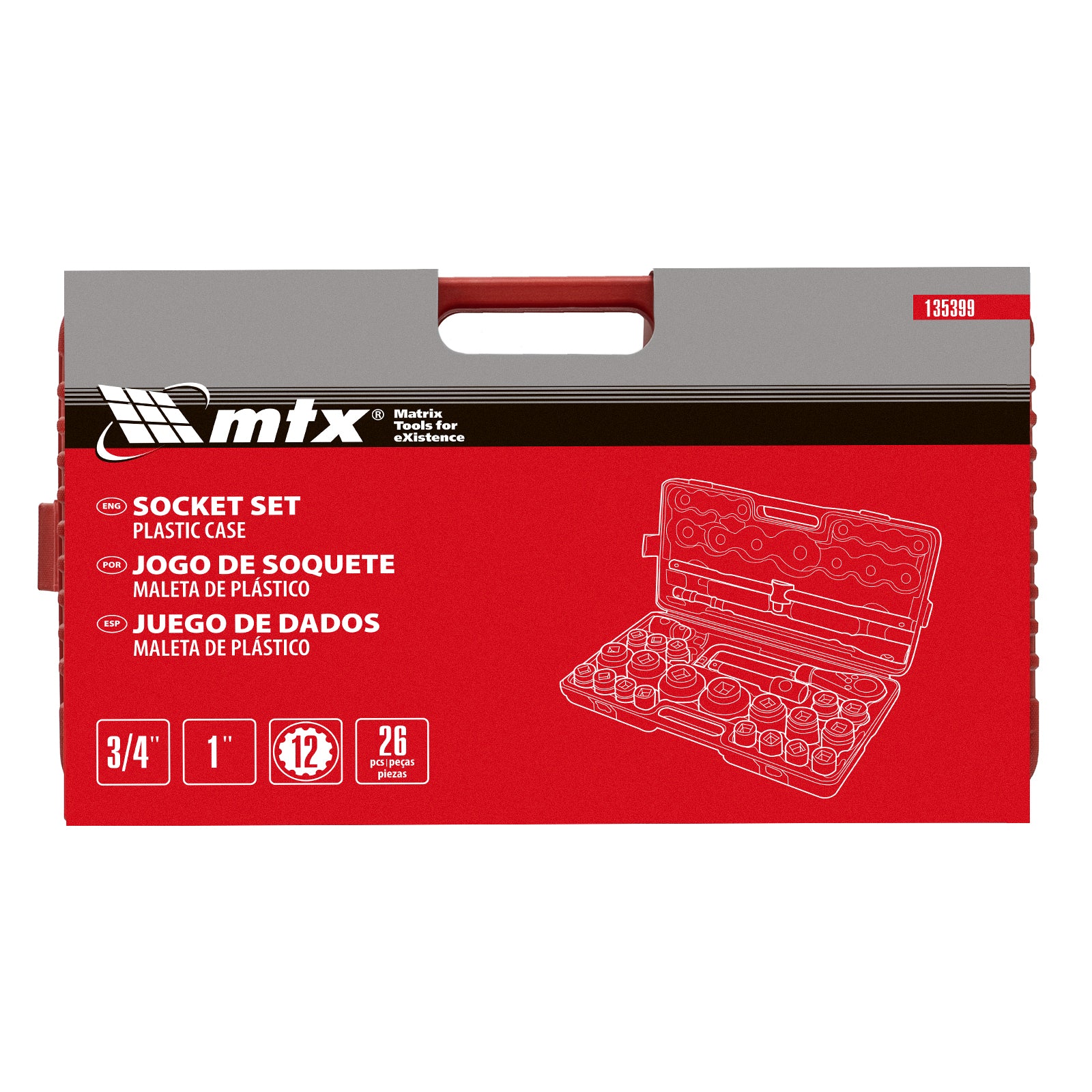 К-т инструменти,  26 части, 3/4"-1", 21-65 мм, пластмасов куфар MTX