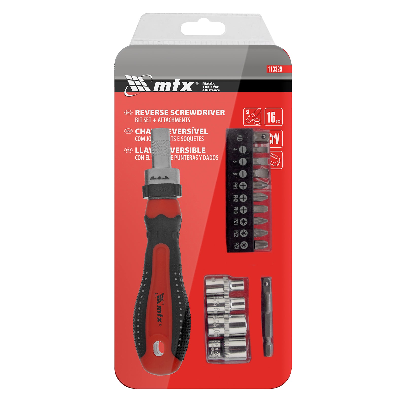 Отвертка реверсивна, К-т битове и вложки, CrV, 16 части, 1/4" MTX