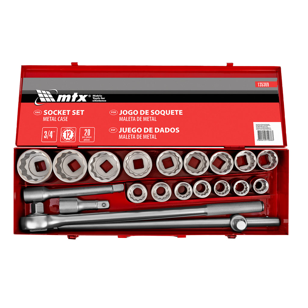 К-т инструменти,  20 части, 3/4", вложки 19-50 мм, метален куфар MTX
