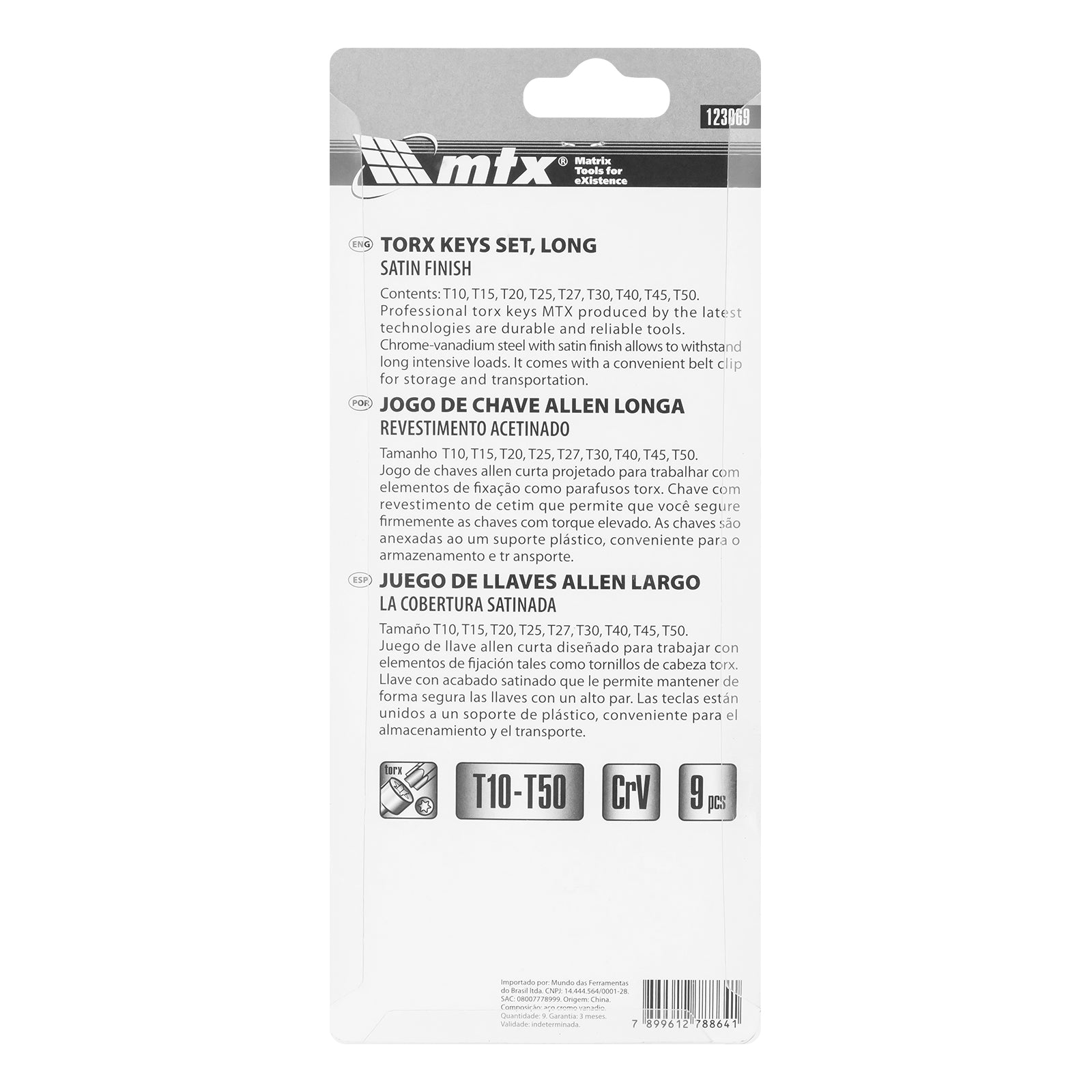 К-т ключове инбусни TORX, 9 бр.: T10-T50, CrV, дълги, матирани MTX