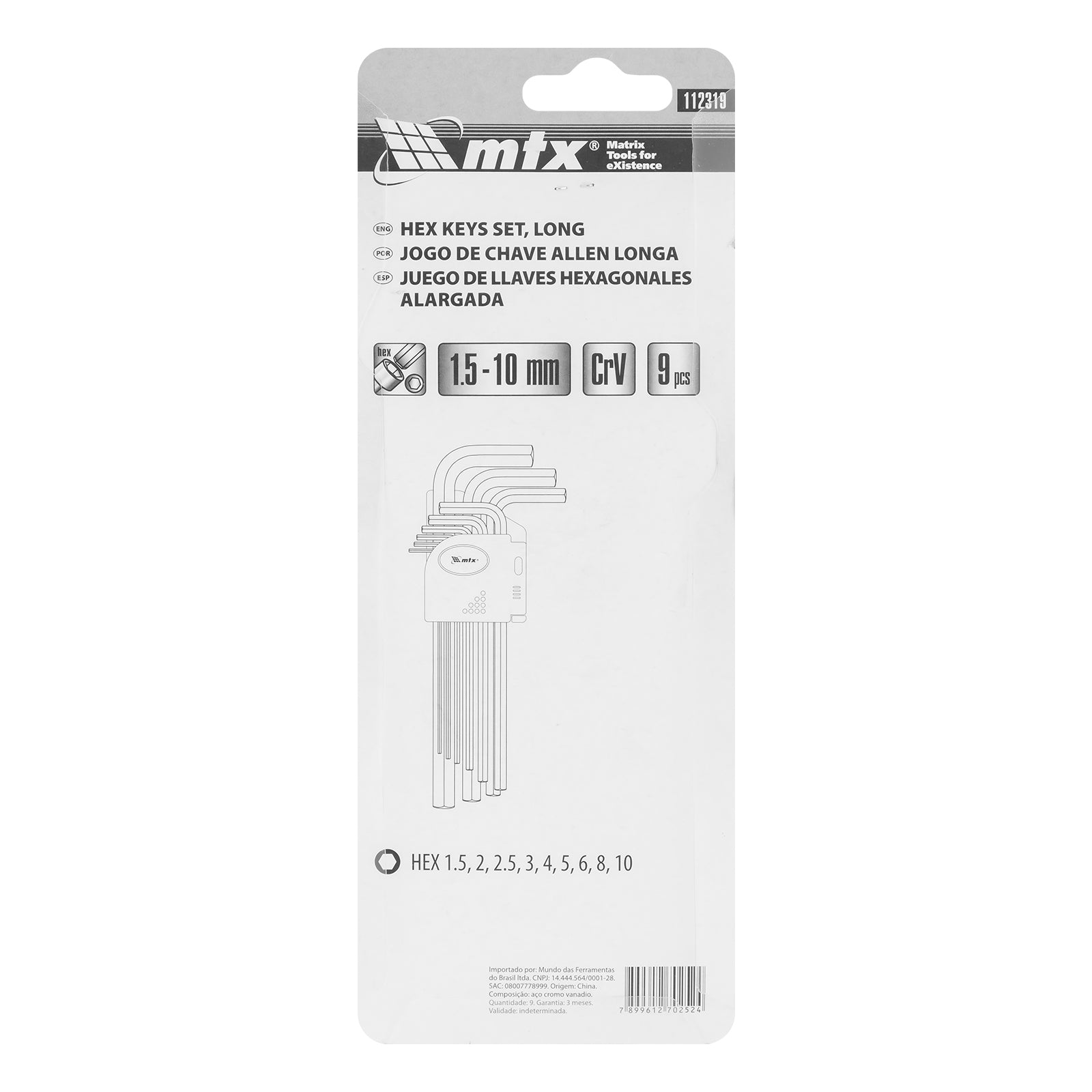 Комплект шестограми HEX 1,5–10 mm, CrV, 9 бр., оксидирани, удължени MTX