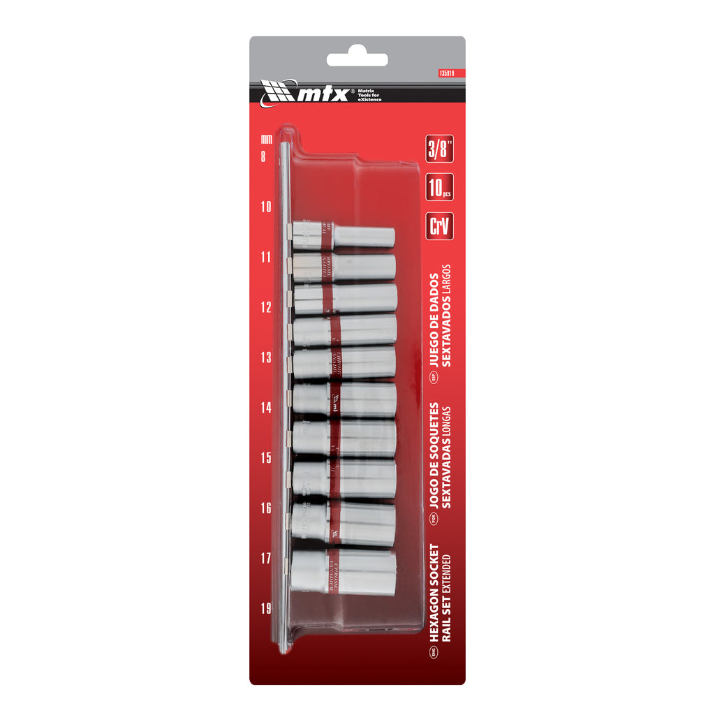 К-т вложки удължени, 3/8", 6-стенни, 10 бр., CrV, 8-19 мм MTX
