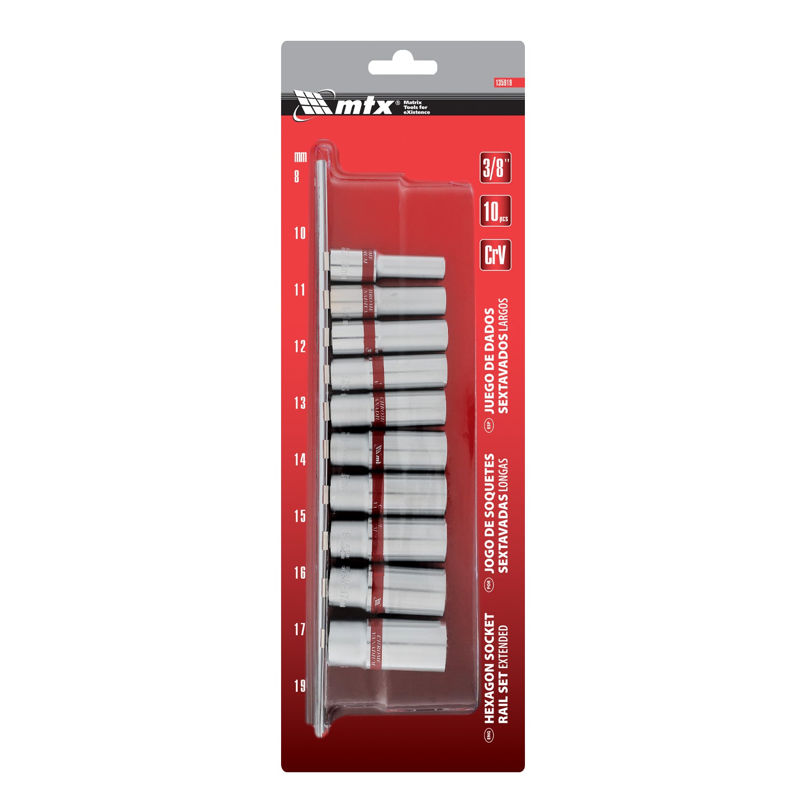 К-т вложки удължени, 3/8", 6-стенни, 10 бр., CrV, 8-19 мм MTX