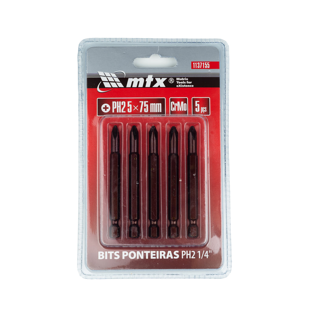 К-т битове PH2 1/4, 5 x 75 мм, стомана S2, CrV, 5 бр.  MTX