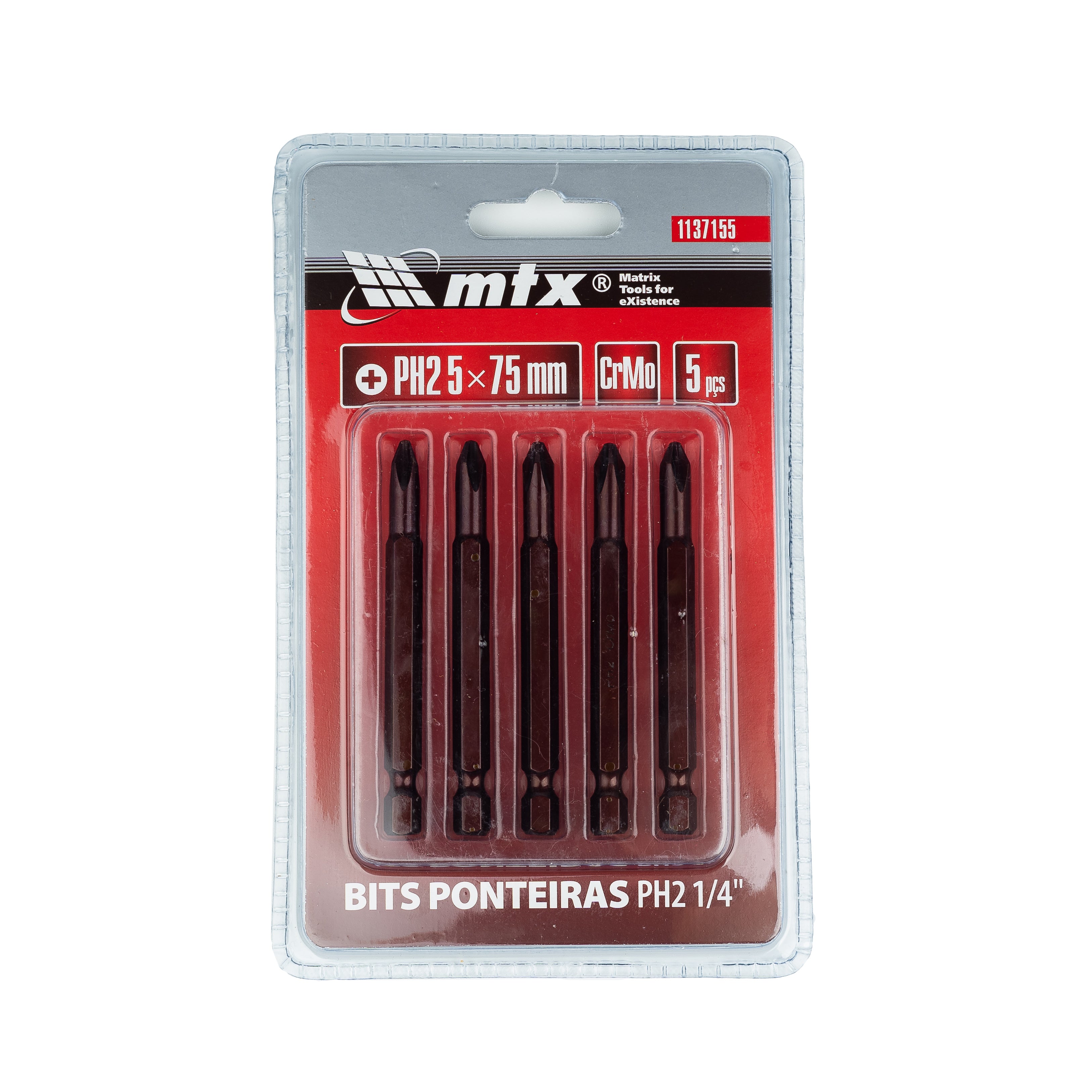 К-т битове PH2 1/4, 5 x 75 мм, стомана S2, CrV, 5 бр.  MTX