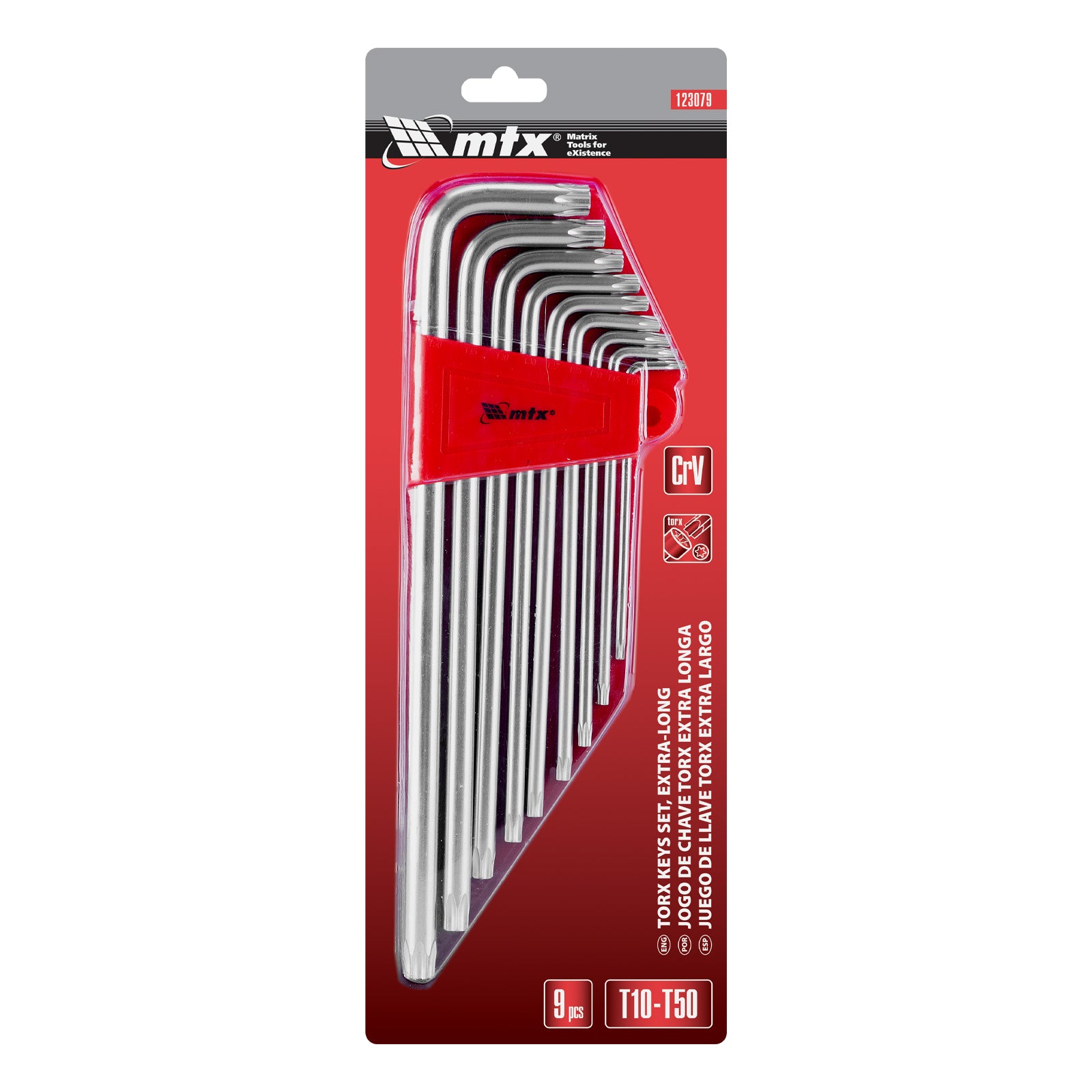 К-т ключове имбусни TORX, 9 бр.: T10-T50, CrV, удължени, матирани MTX