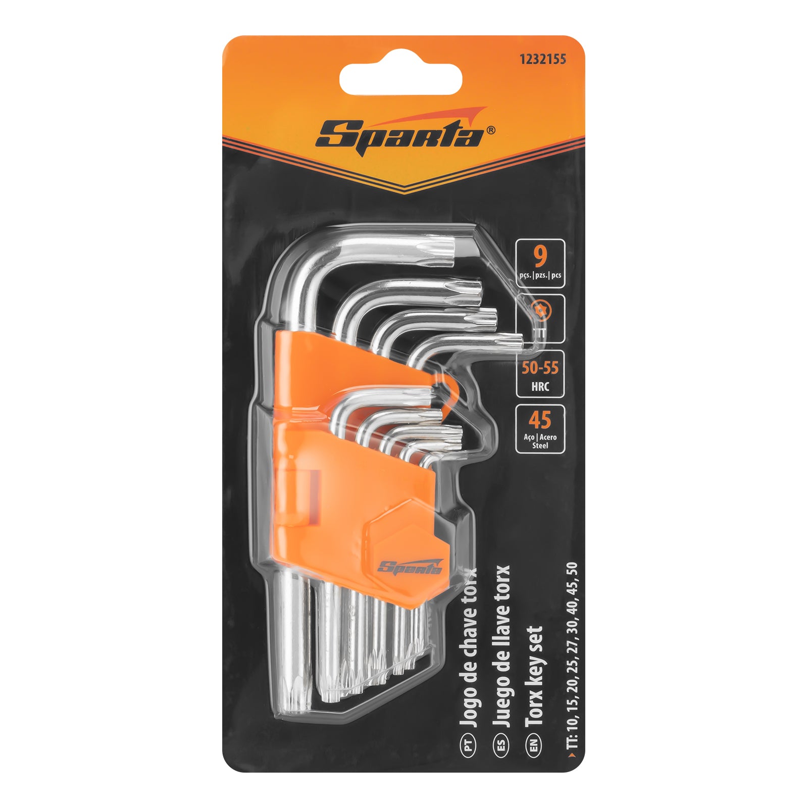 К-т ключове имбусни Tamper-Torx, 9 бр., TT10-TT50, 45x, закален, къси, никелирани SPARTA