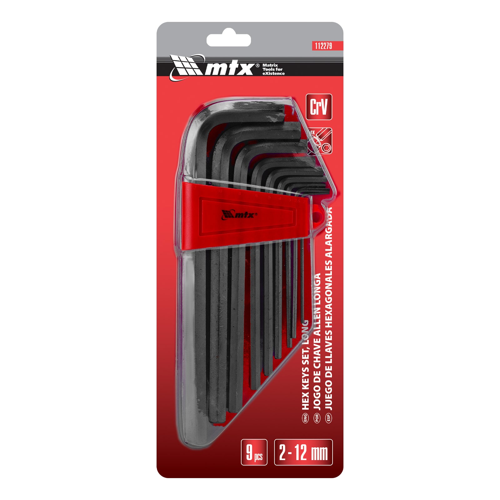 К-т ключове имбусни HEX, 2,0–12 мм, CrV, 9 бр., оксидирани, удължени MTX