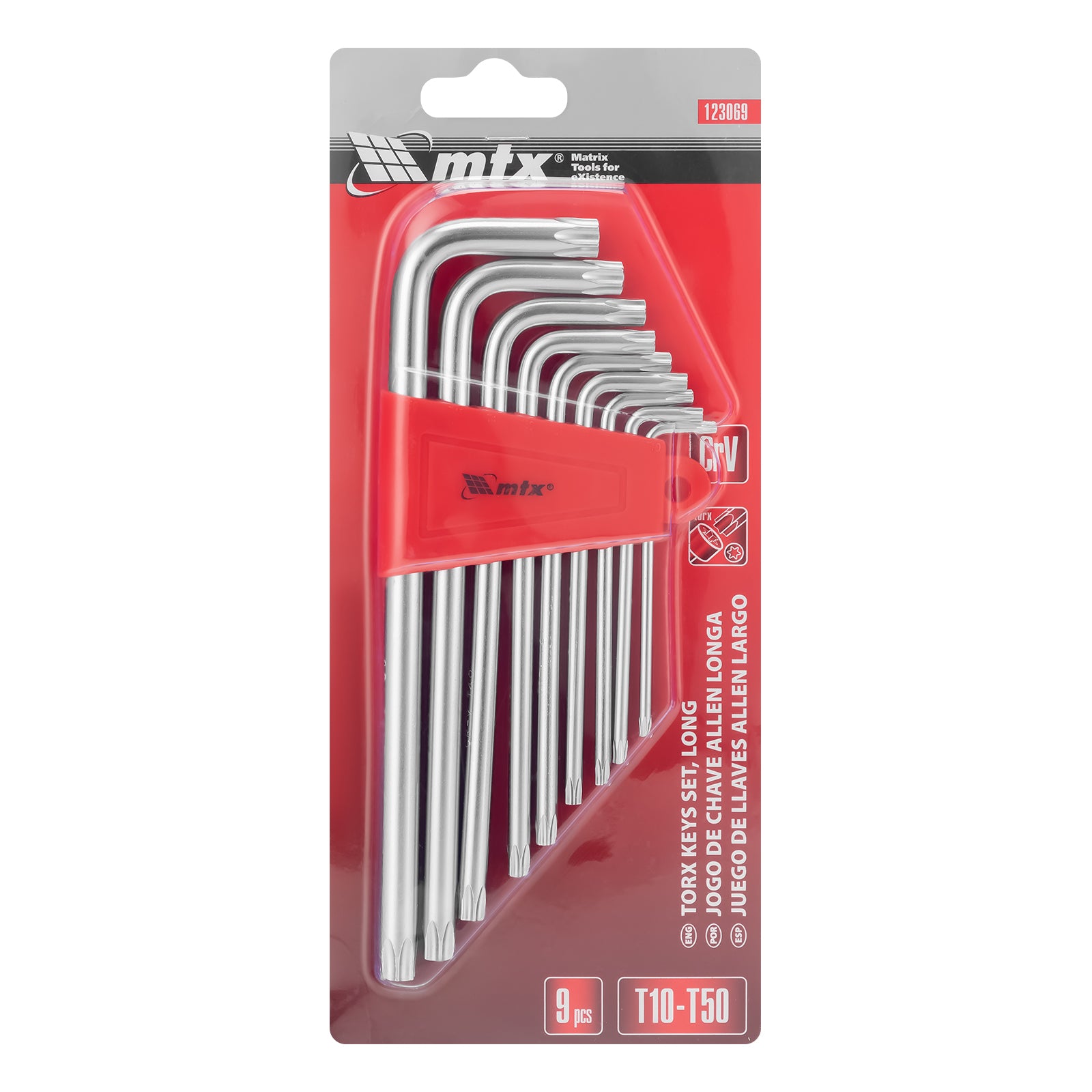 К-т ключове инбусни TORX, 9 бр.: T10-T50, CrV, дълги, матирани MTX