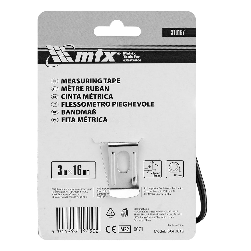 Ролетка Fine, 3 м х 16 мм, пластмасов корпус, СЕ MTX