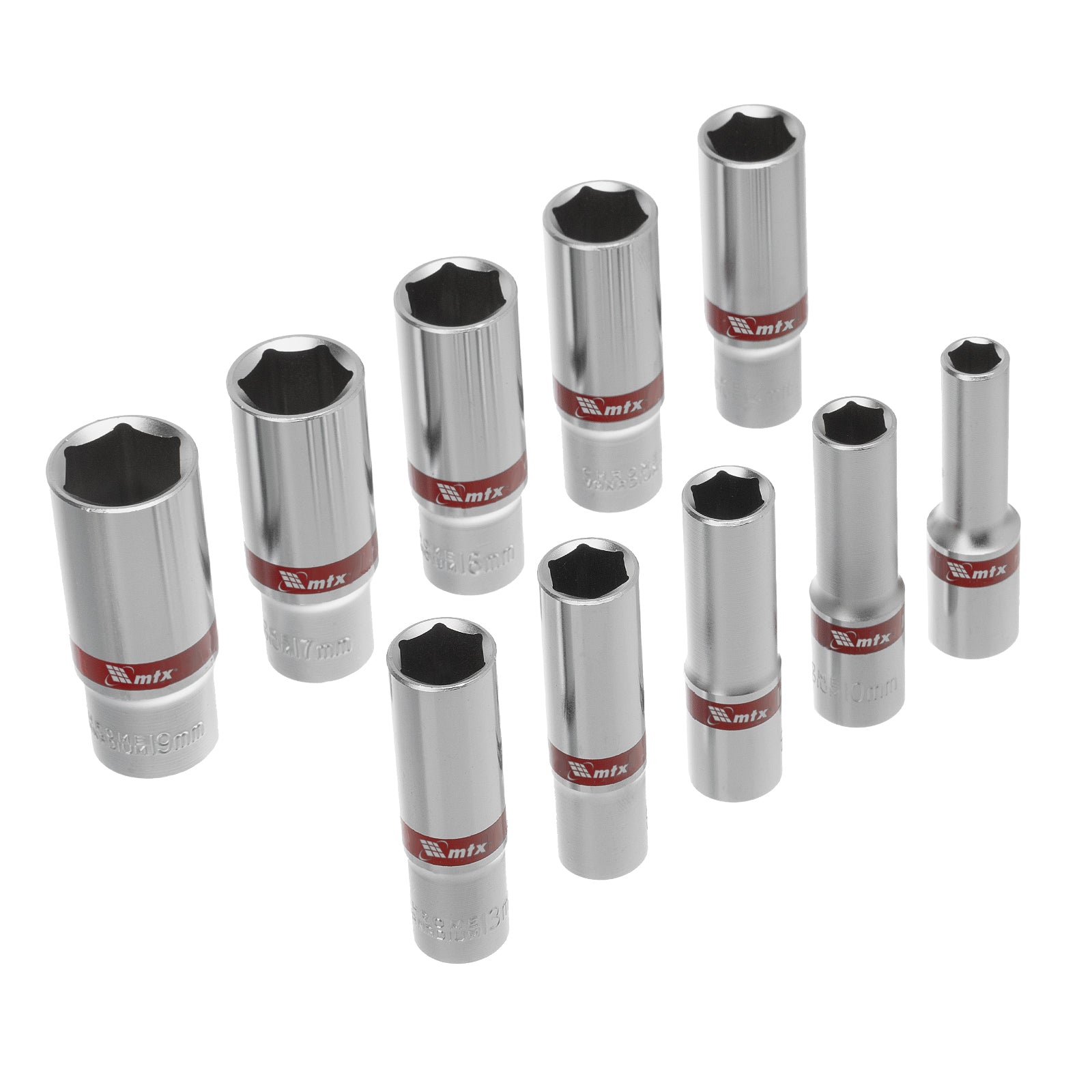 К-т вложки удължени, 3/8", 6-стенни, 10 бр., CrV, 8-19 мм MTX