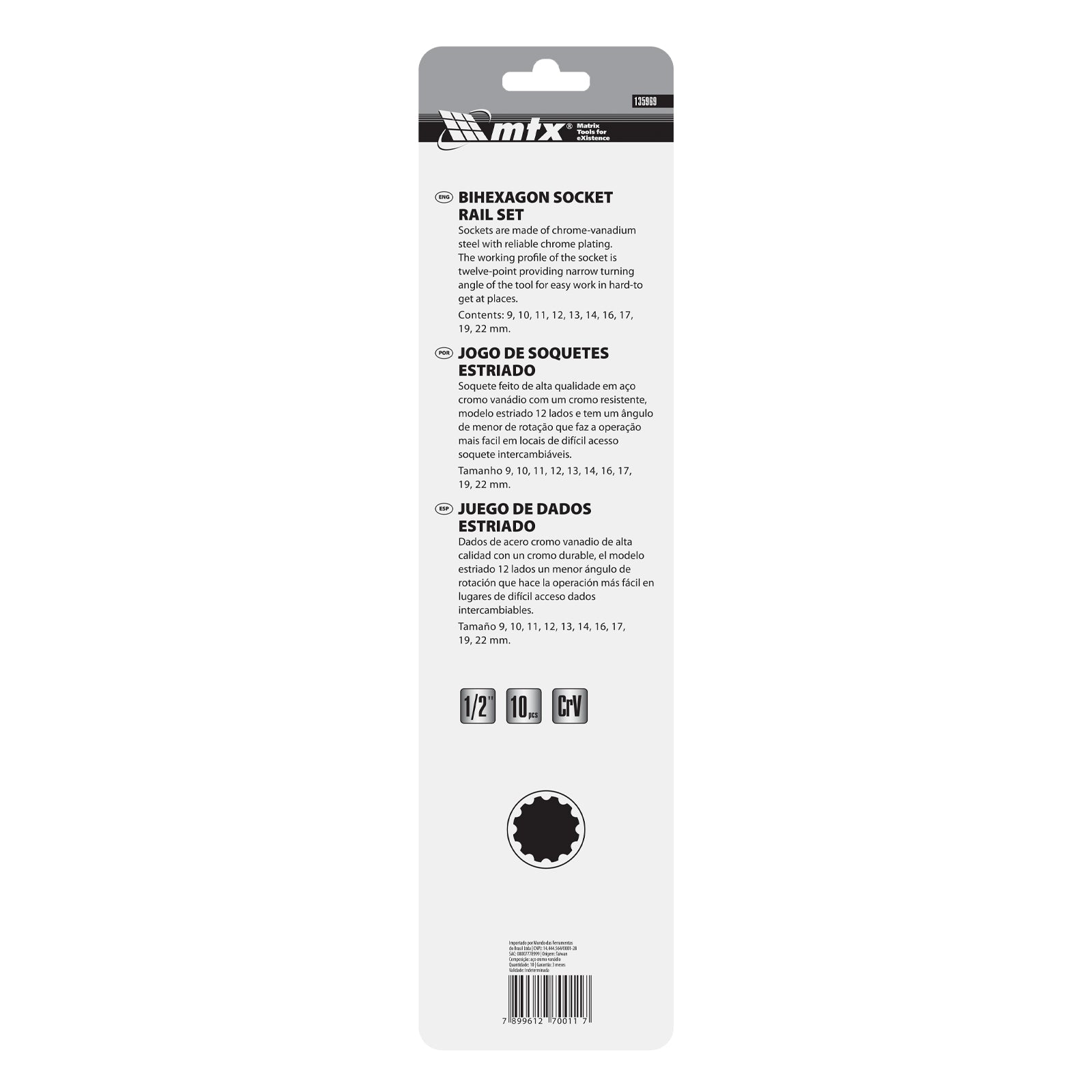 К-т вложки, 1/2", 12-стенни, CrV, 10 бр., 10-24 мм MTX