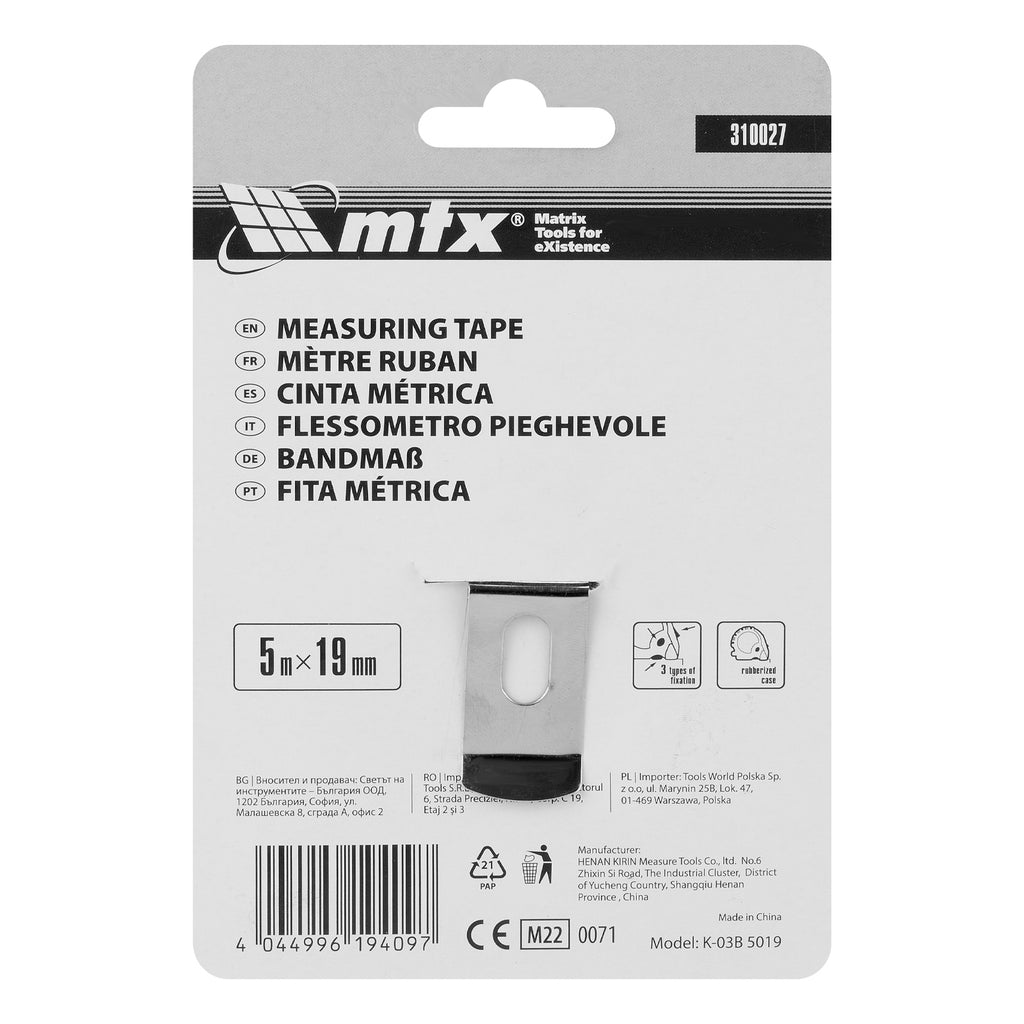 Ролетка Rubber, 5 м х 19 мм, гумиран корпус, CE  MTX