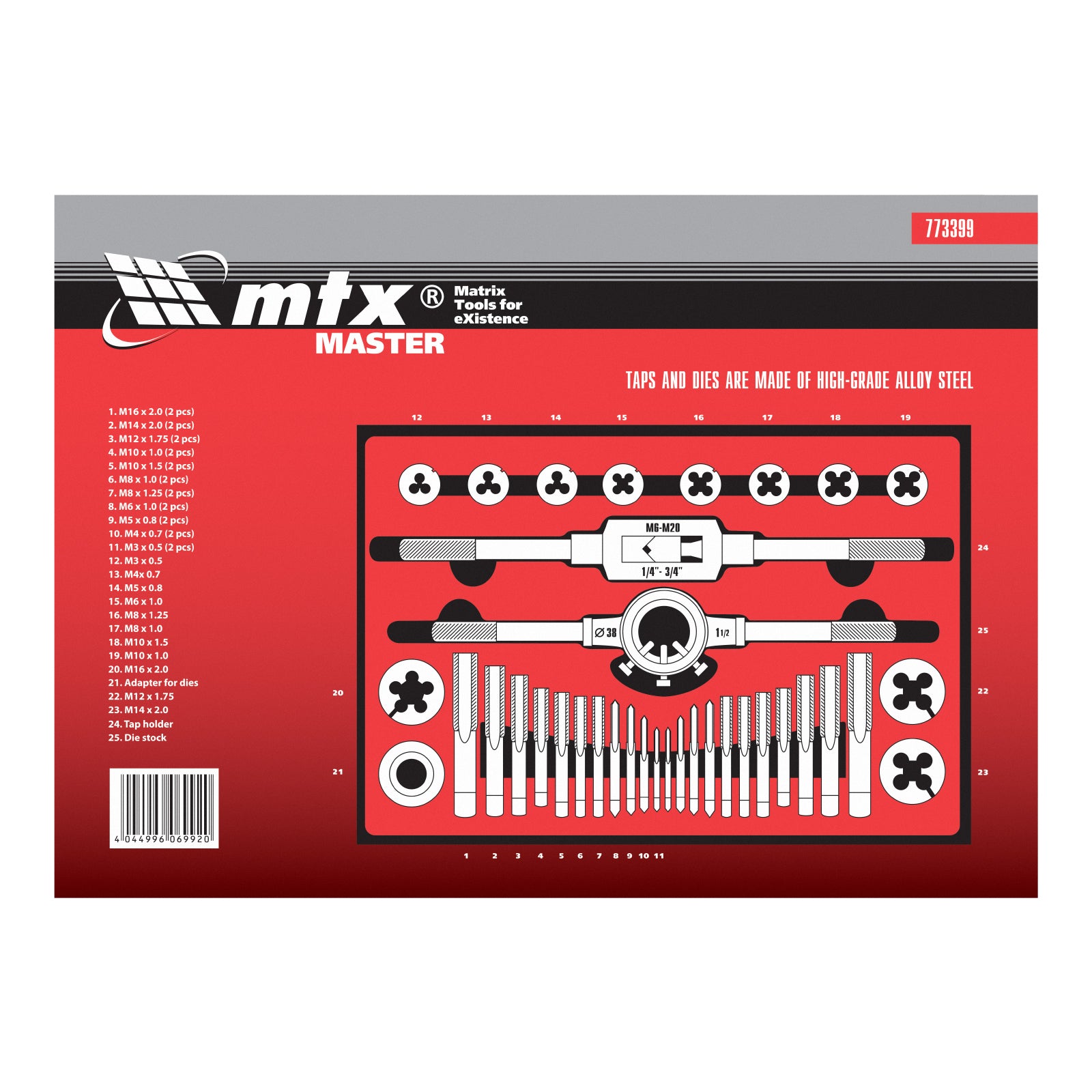 К-т метчици и плашки, М3-М16, 36 части MTX