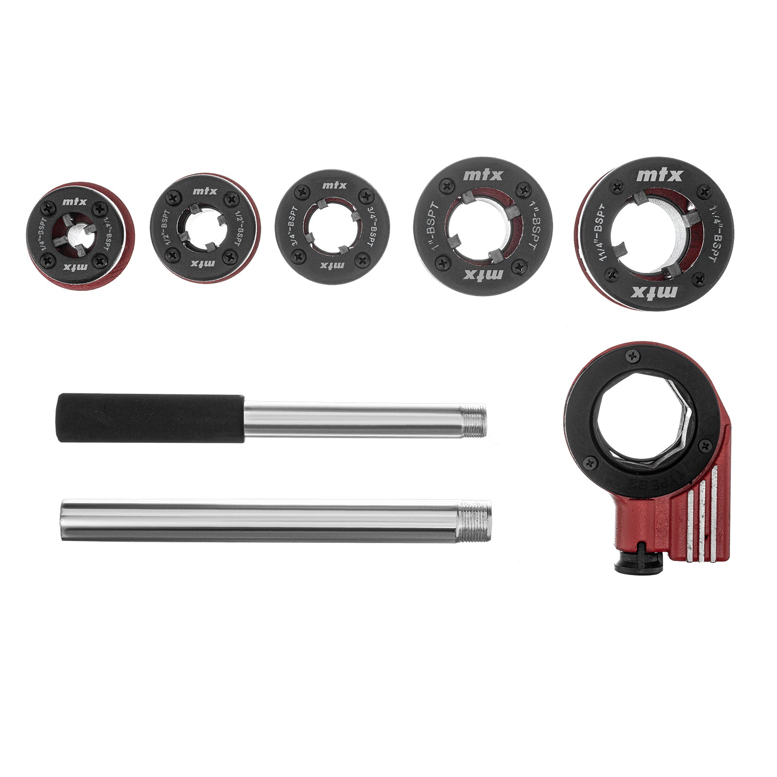 К-т за нарязване на резби, глави 1/4"-1/2"-3/4"-1"-1,25", тресчотка, 8 части MTX