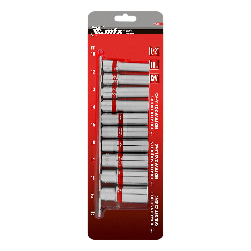 К-т вложки удължени,  1/2", 6-стенни, 10 бр., CrV, 10-22 мм MTX