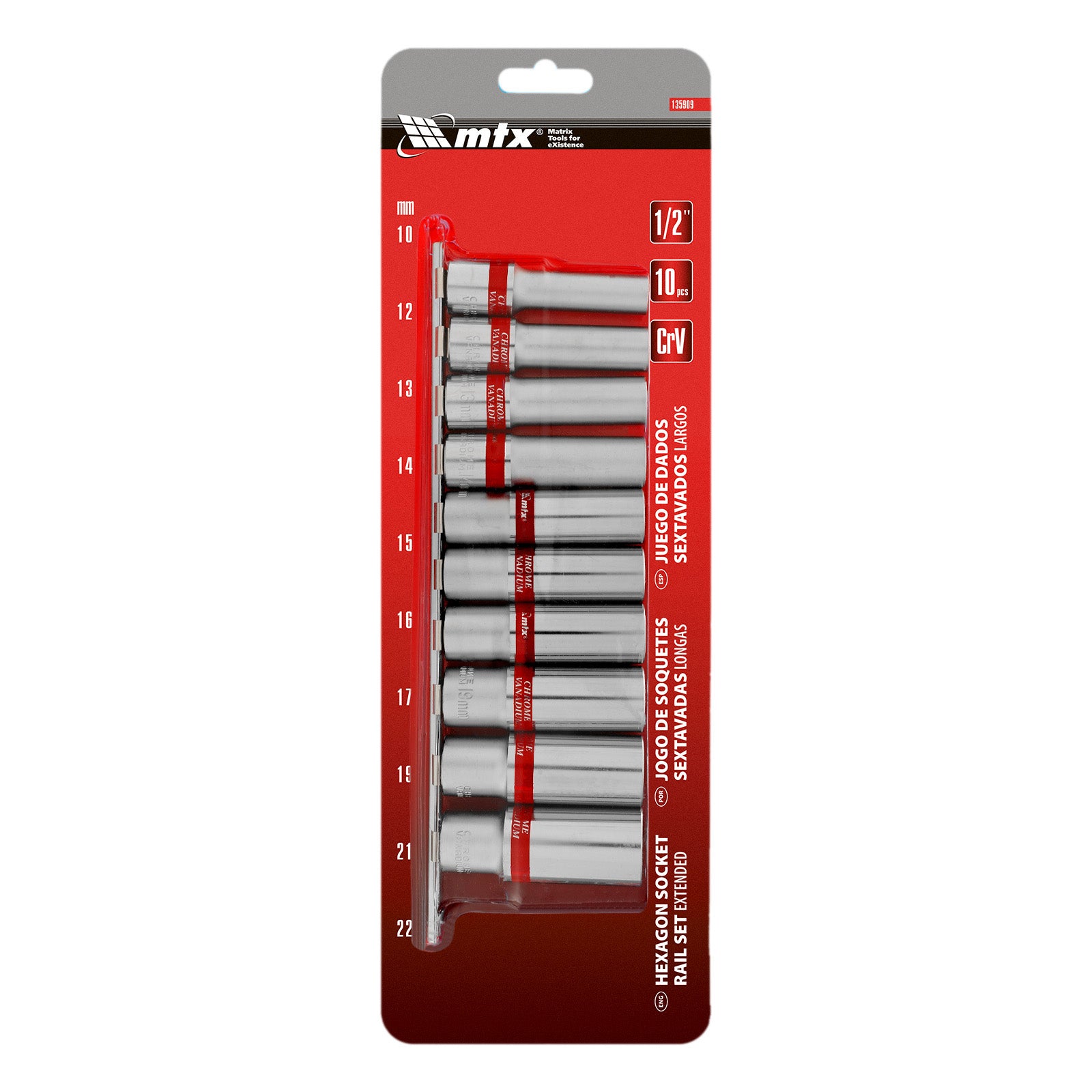 К-т вложки удължени,  1/2", 6-стенни, 10 бр., CrV, 10-22 мм MTX