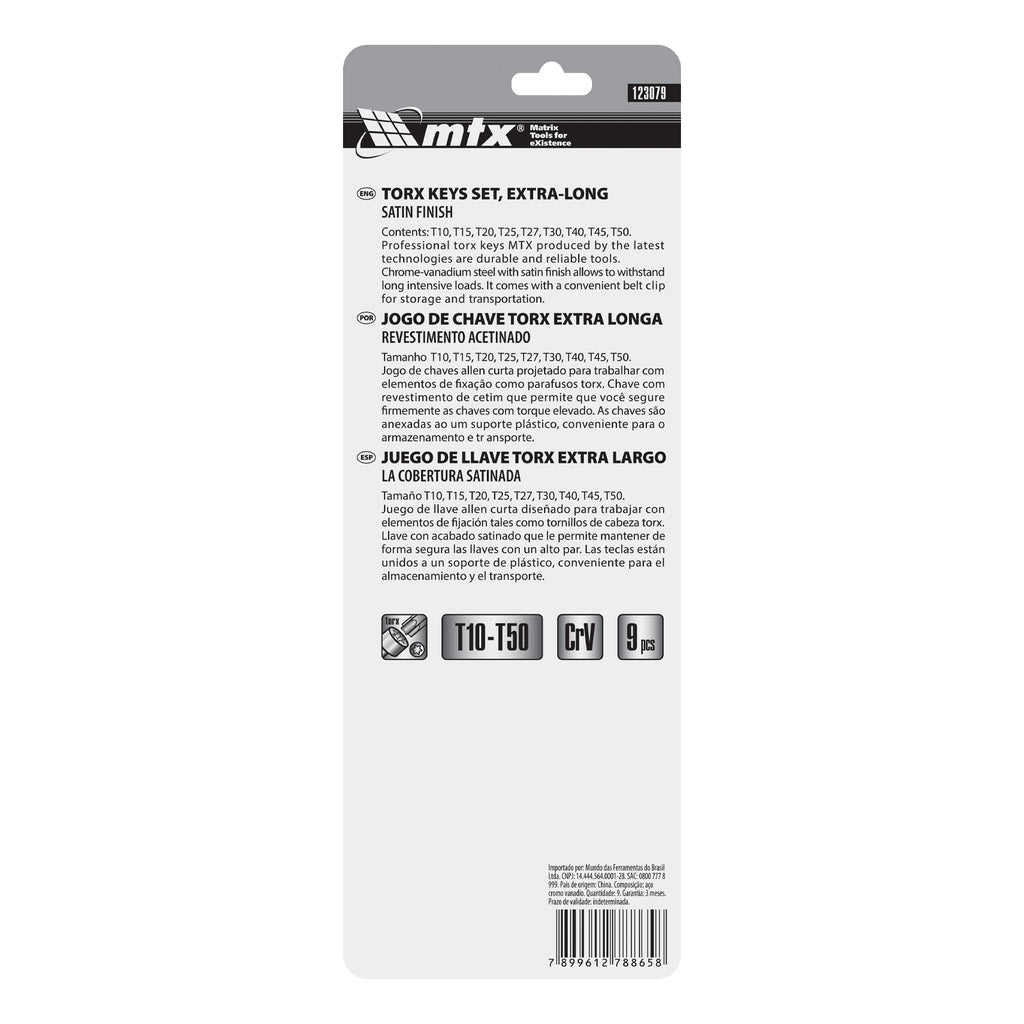 К-т ключове имбусни TORX, 9 бр.: T10-T50, CrV, удължени, матирани MTX