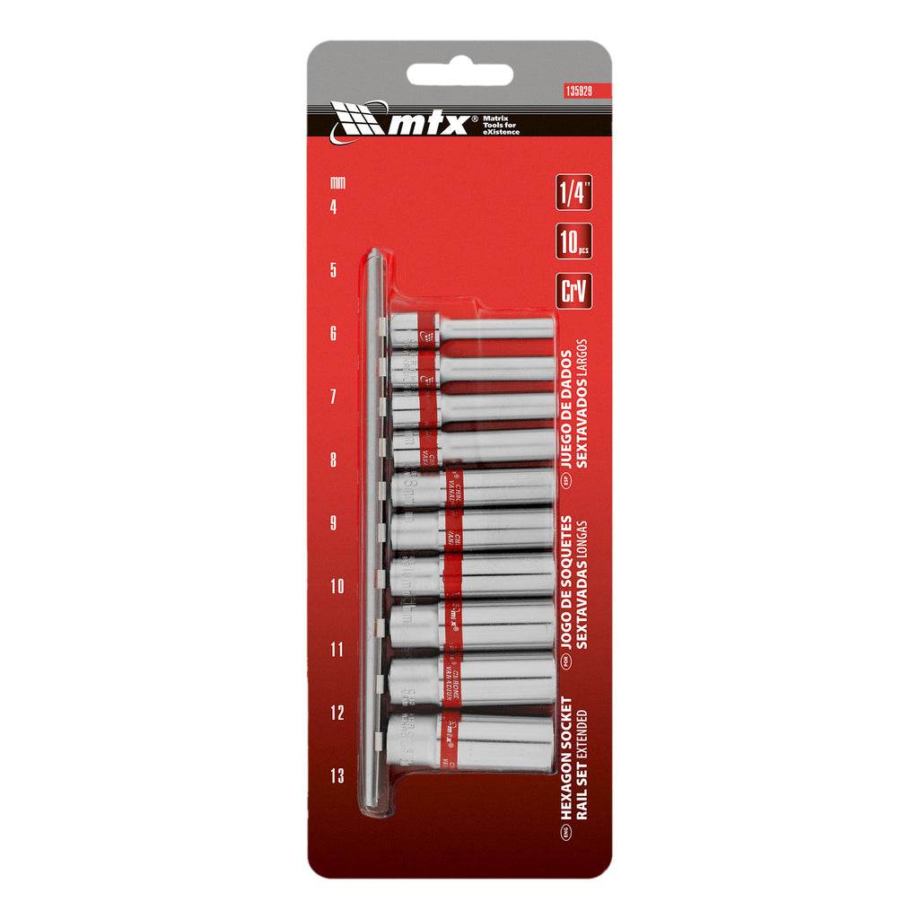 К-т вложки удължени, 1/4", 6-стенни, 10 бр., CrV, 4-13 мм MTX