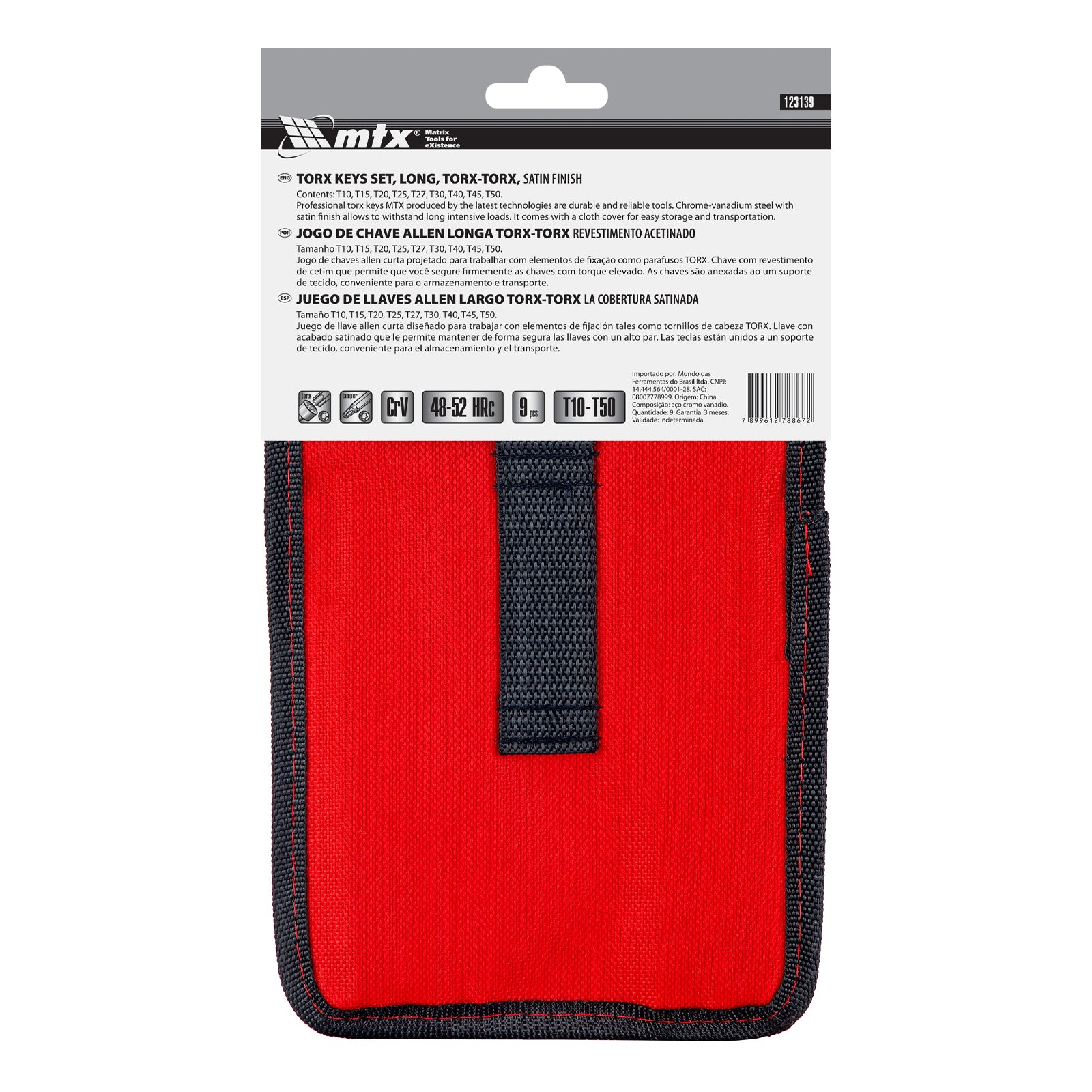 К-т ключове имбусни TORX-TORX Tamper, 9 бр.:T10-T50, CrV, удължени, матирани, в калъф MTX